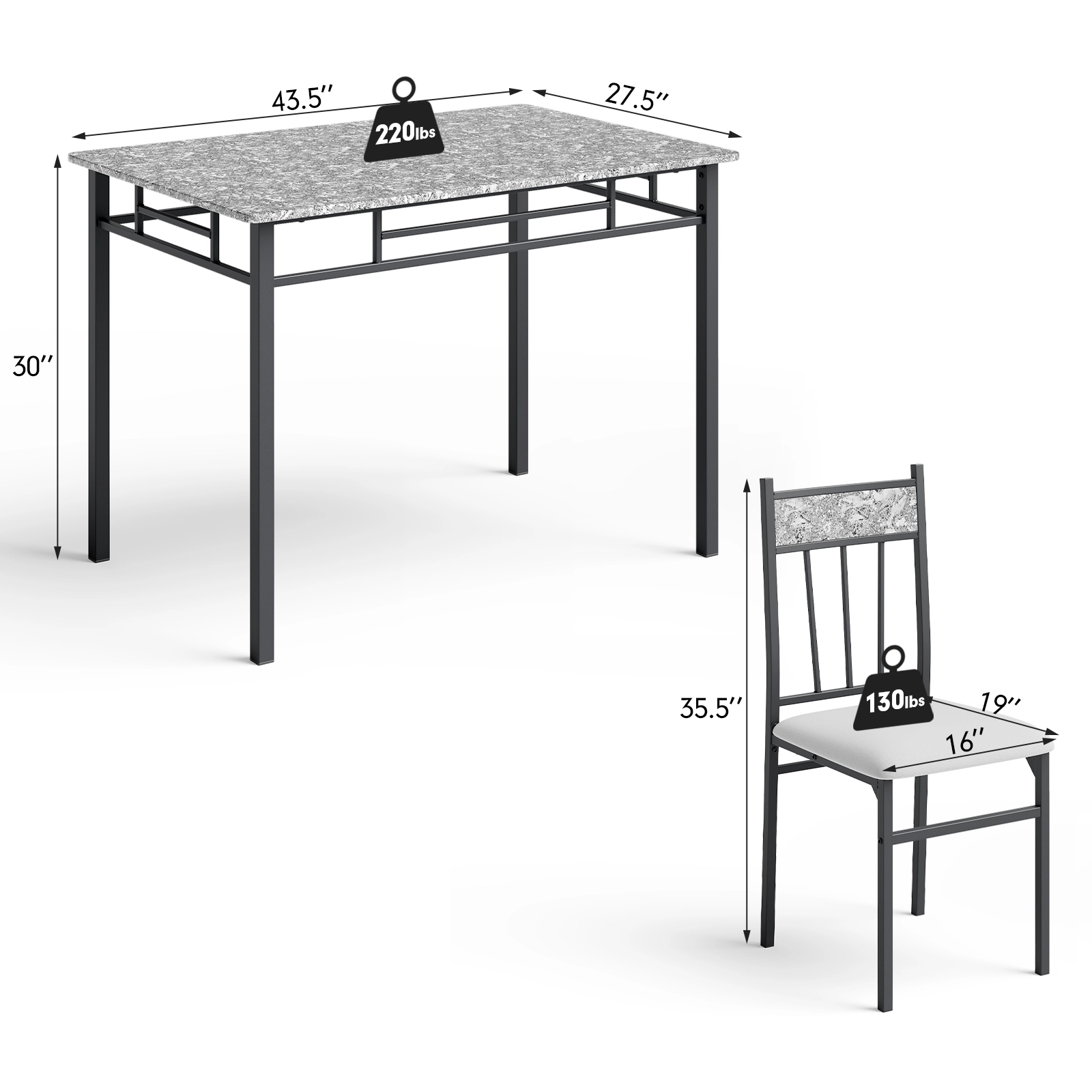 SUGIFT 5 Piece Dining Set Faux Marble Table and 4 Chairs with Steel Frame
