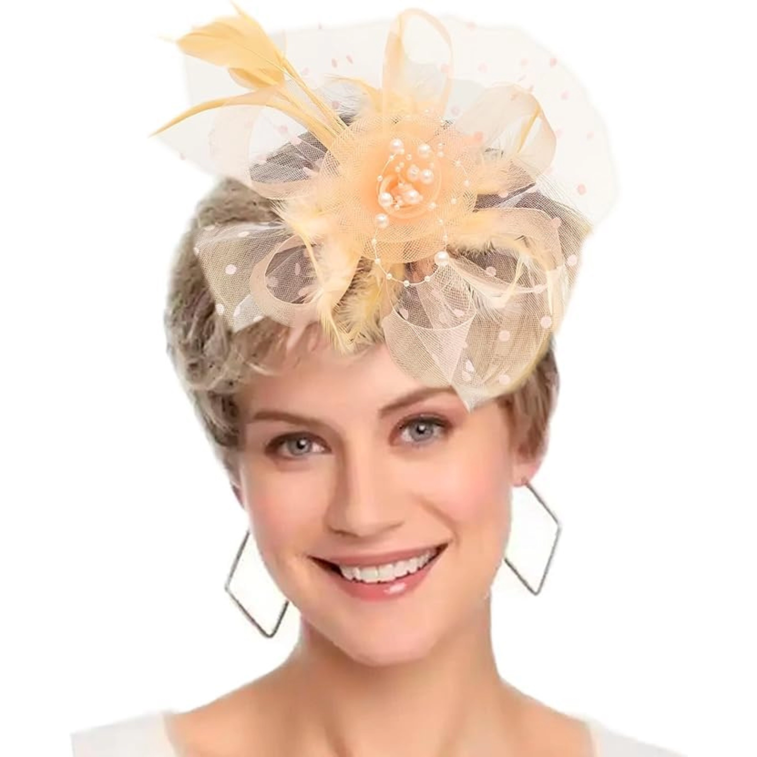 SS Design Champagne Pillbox Fascinator Hat with Veil for Women