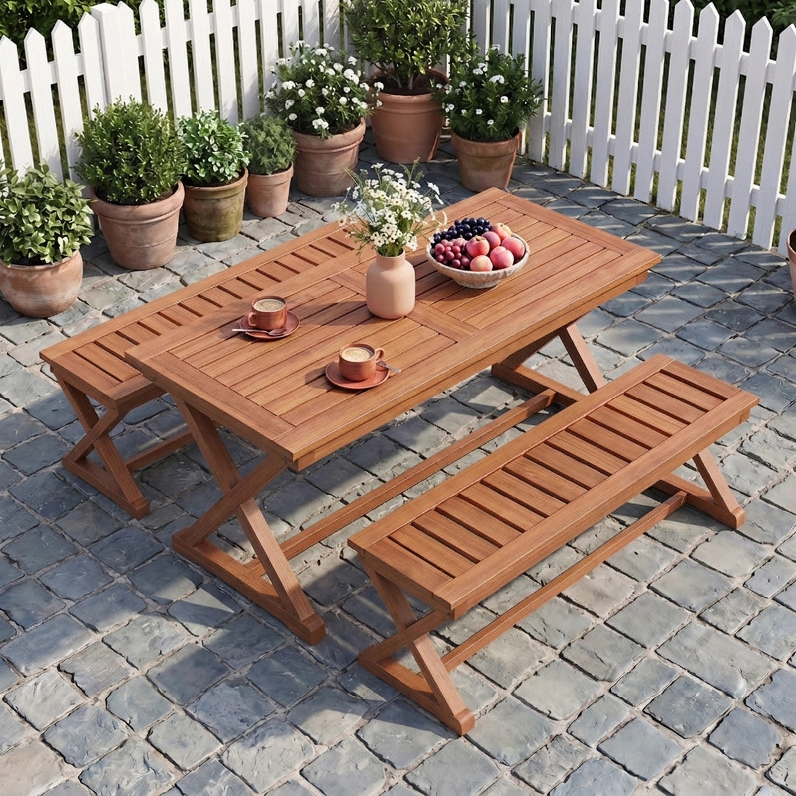 SUGIFT 44-in 2-Person Solid Hardwood Outdoor Bench with Slatted Seat 440-lb Capacity Teak Finish 2-Piece