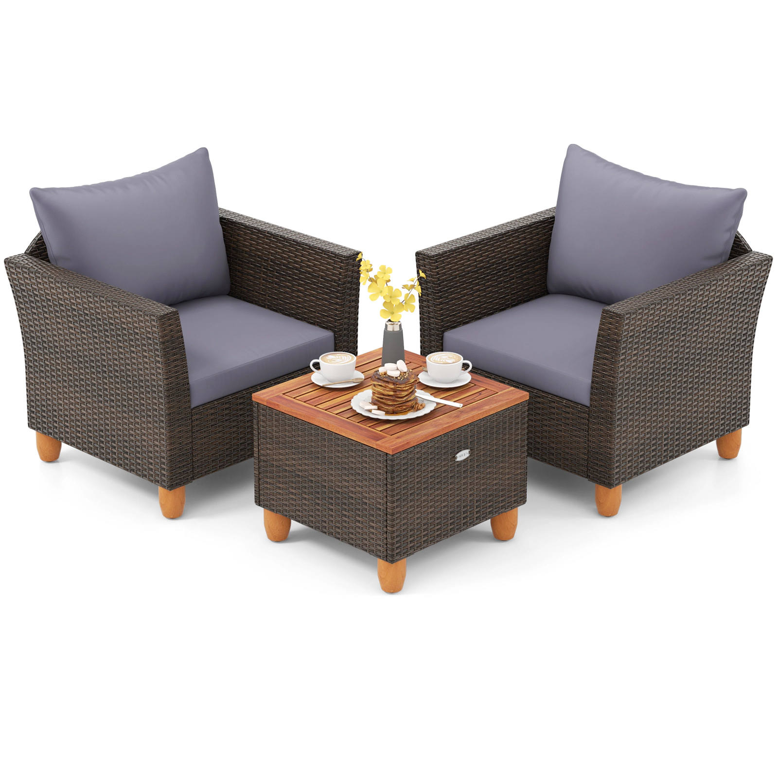 SUGIFT 3-Piece Gray Rattan Patio Bistro Set with Hidden-Storage Acacia Table and Deep Cushions