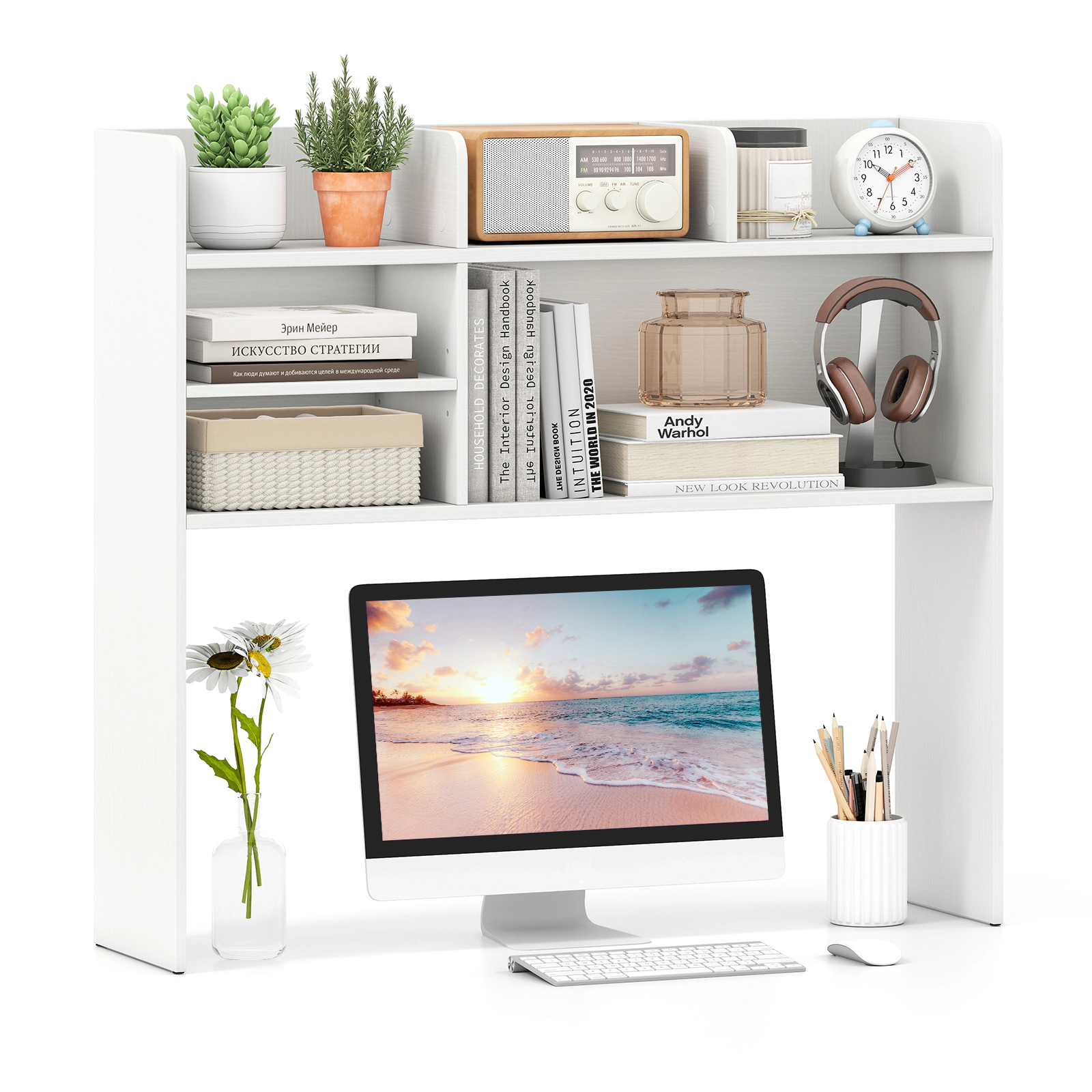 SUGIFT Desktop Bookshelf Countertop Storage Hutch 6 Shelves 66-lb Top Tier Capacity 22-lb Adjustable Shelf 55-lb Bottom