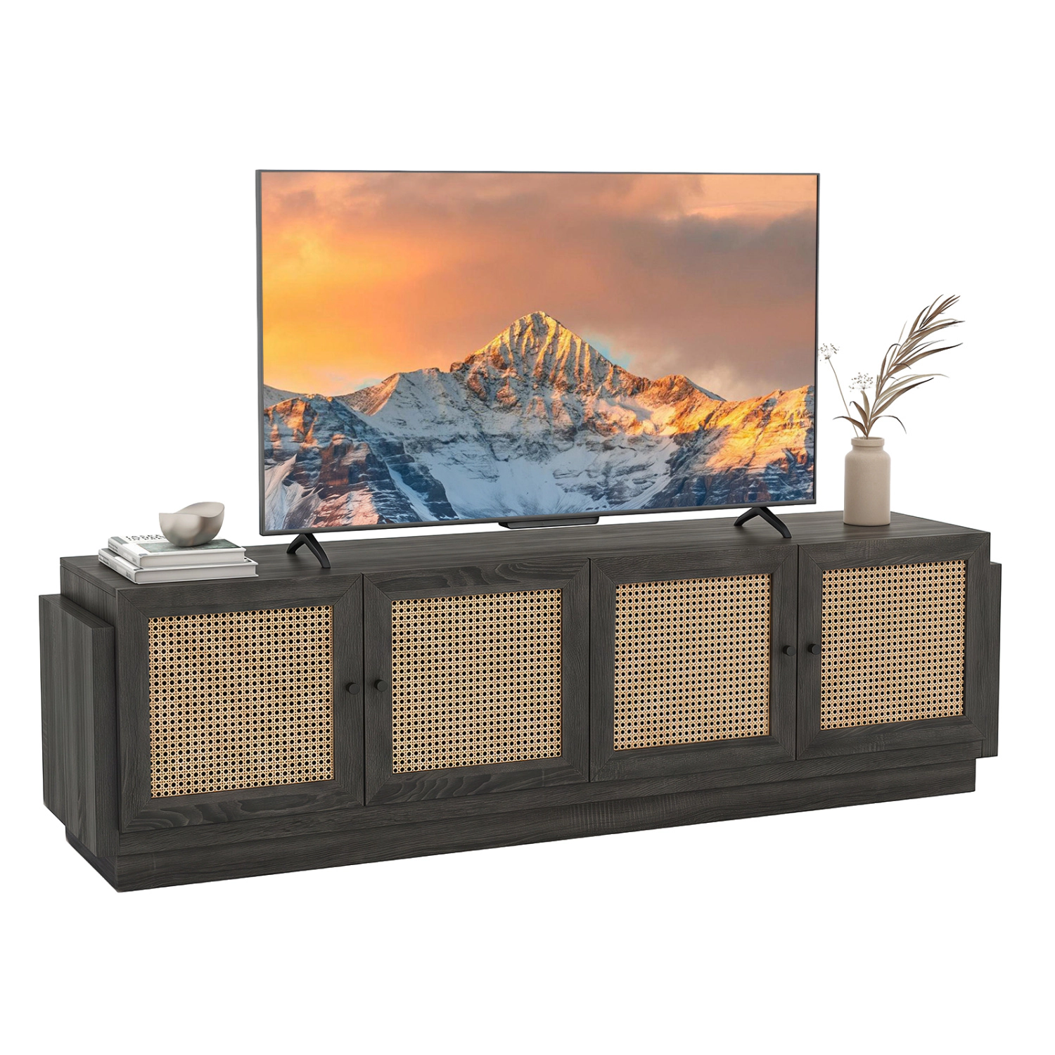 Glintex 70-Inch Farmhouse TV Stand with 4 Rattan Doors and 8 Cable Holes