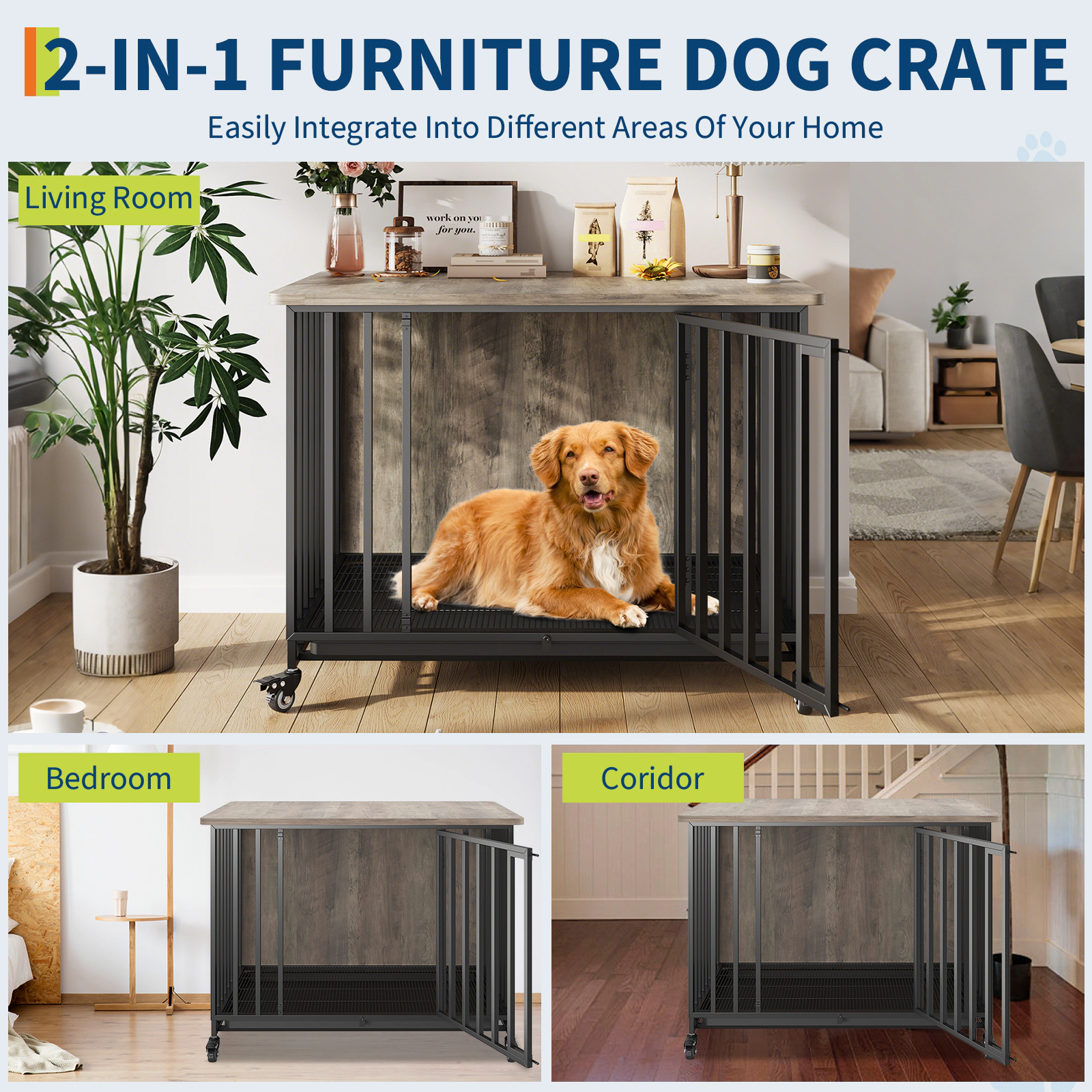 39" Heavy Duty Dog Crate Furniture with Wheels & Removable Tray, Wooden Pet Cage End Table for Medium Dogs