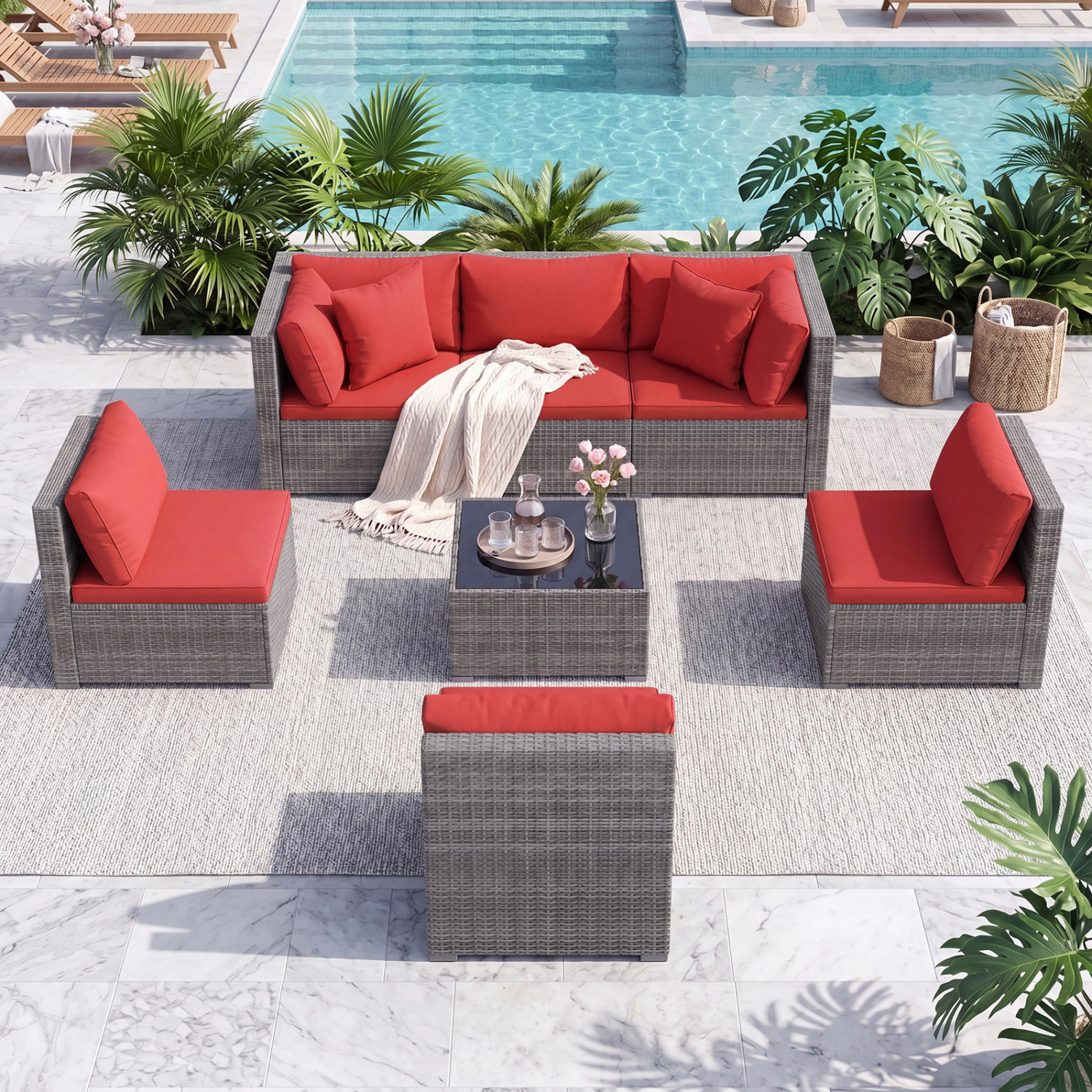 LJG 7-Piece PE Rattan Patio Set with Glass Table & Soft Cushions for Outdoor