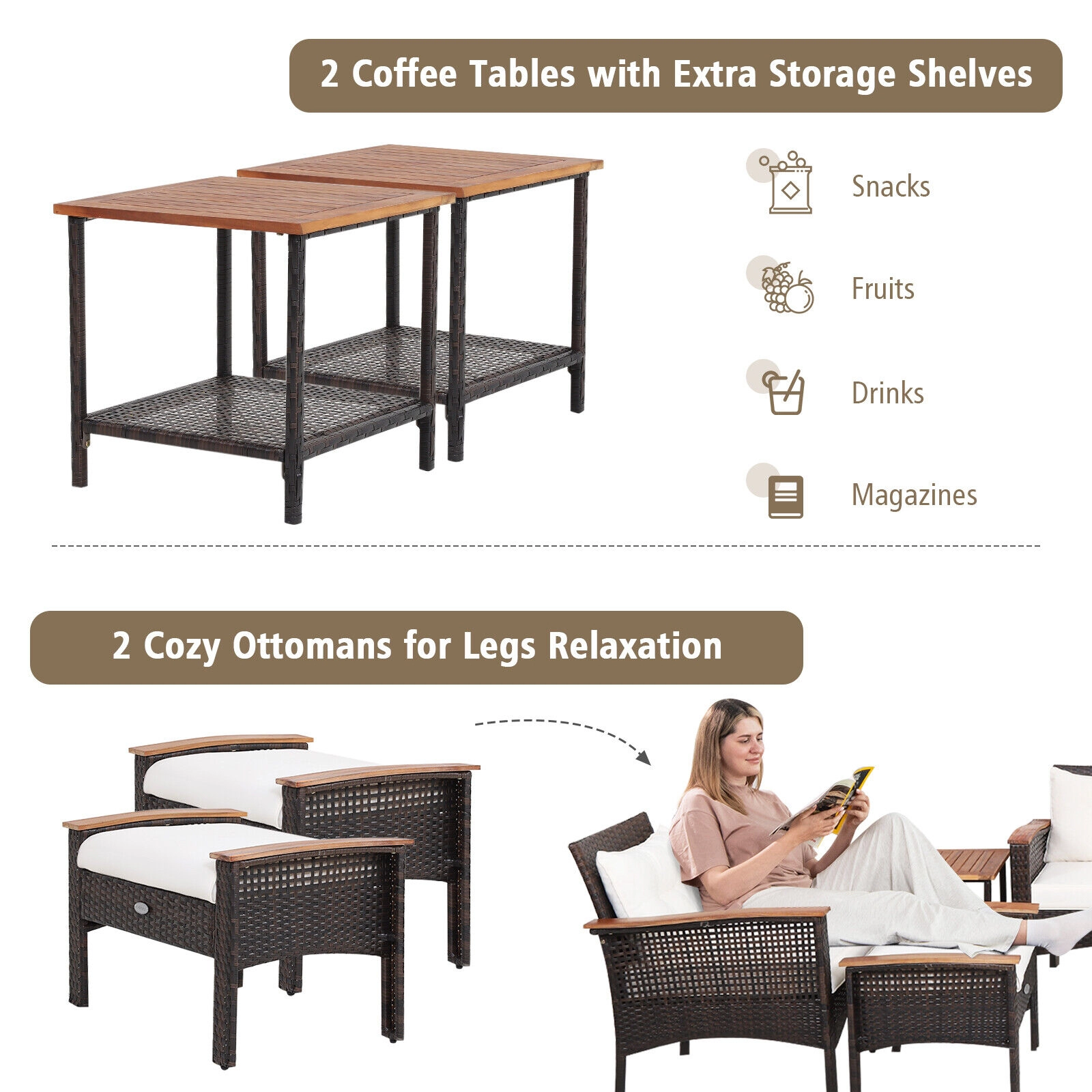 LJG 7 Pieces Patio Rattan Cushioned Conversation Furniture Set