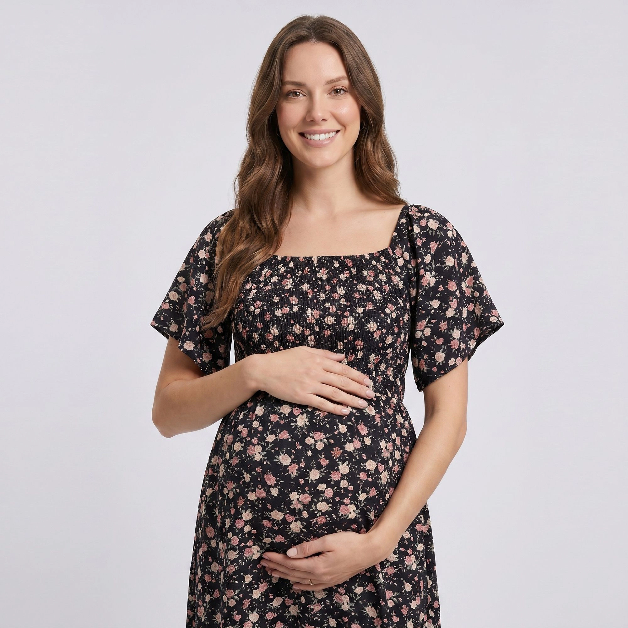 Anna-Kaci Women's Maternity Floral Square Neck Short Sleeve Ruffle Hem Midi Dress