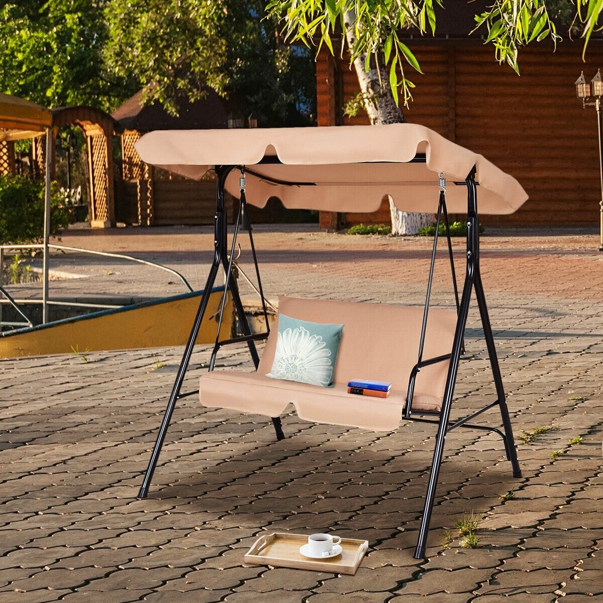 LJG Loveseat Cushioned Patio Steel Frame Swing Glider
