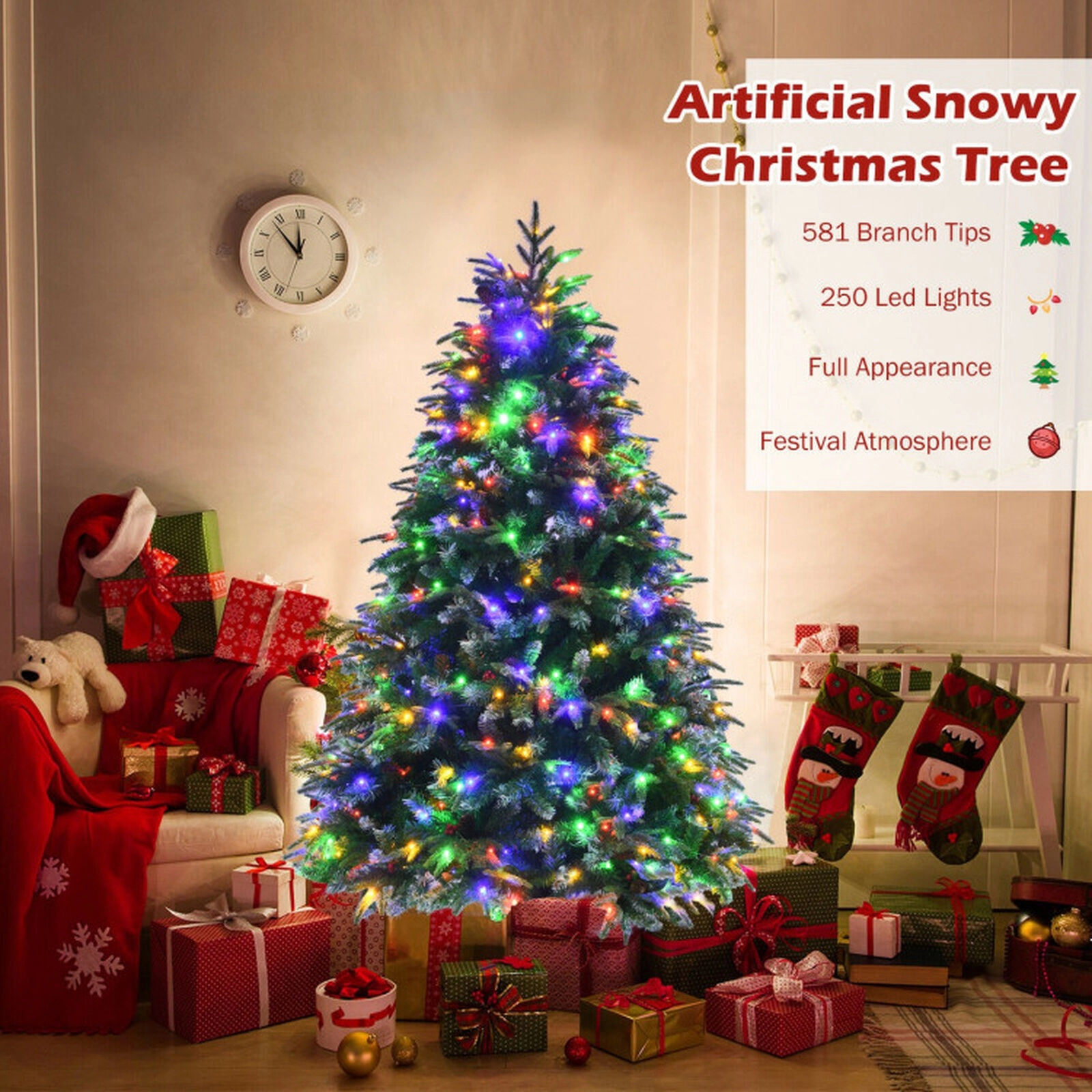 SUGIFT 5 ft Pre-Lit Snowy Christmas Tree Hinged with Multi-Color Lights and Flash Modes