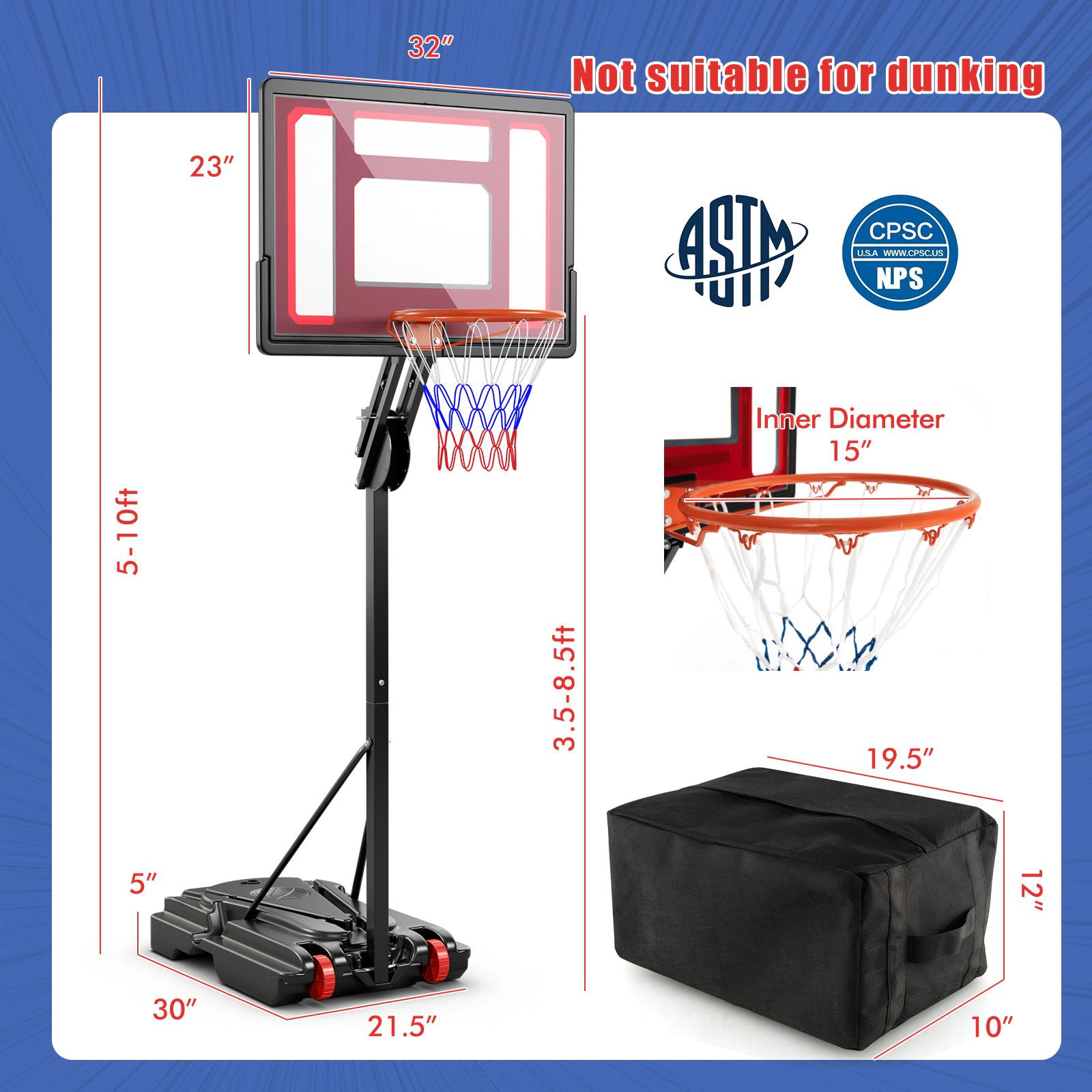 SUGIFT 5-ft to 10-ft Height Adjustable Basketball Hoop with Shatterproof Backboard and Fillable Base