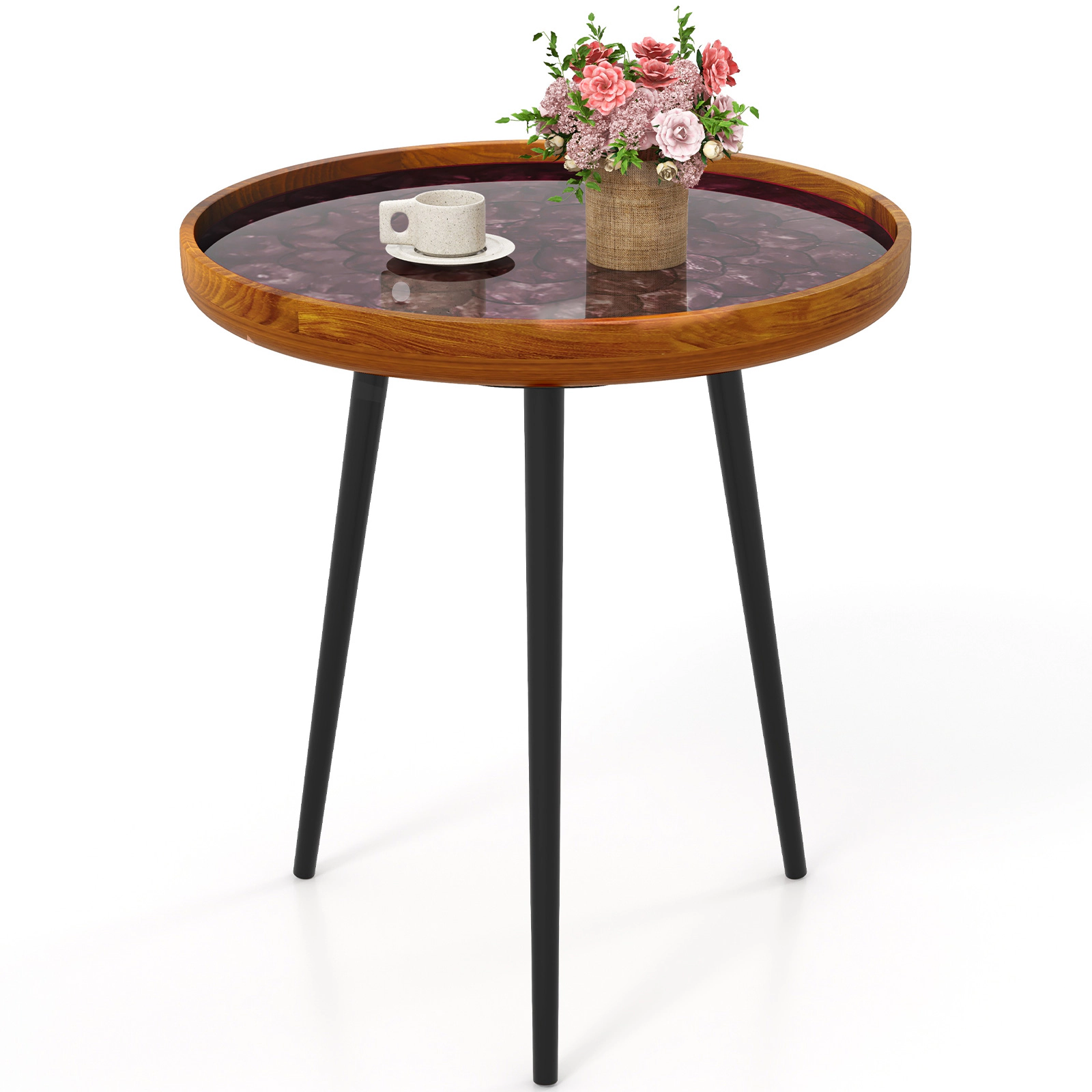 Glintex 20-Inch Round Sea Shell End Table with Teak Wood Top and Epoxy Resin Finish, Green