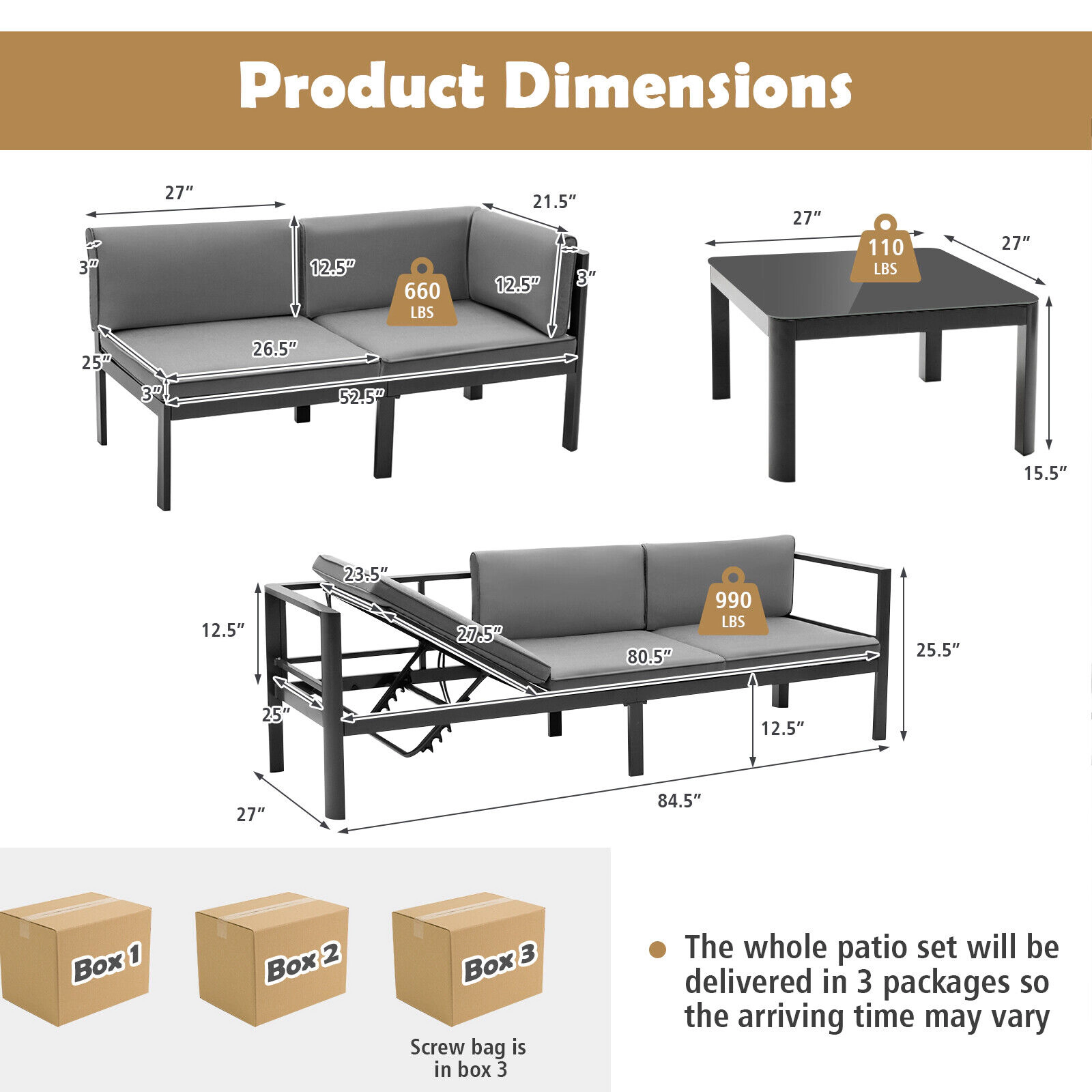SUGIFT 3-Piece 990-lb Capacity 6-Level Reclining Gray Aluminum Outdoor Patio Sofa Set with Glass Coffee Table