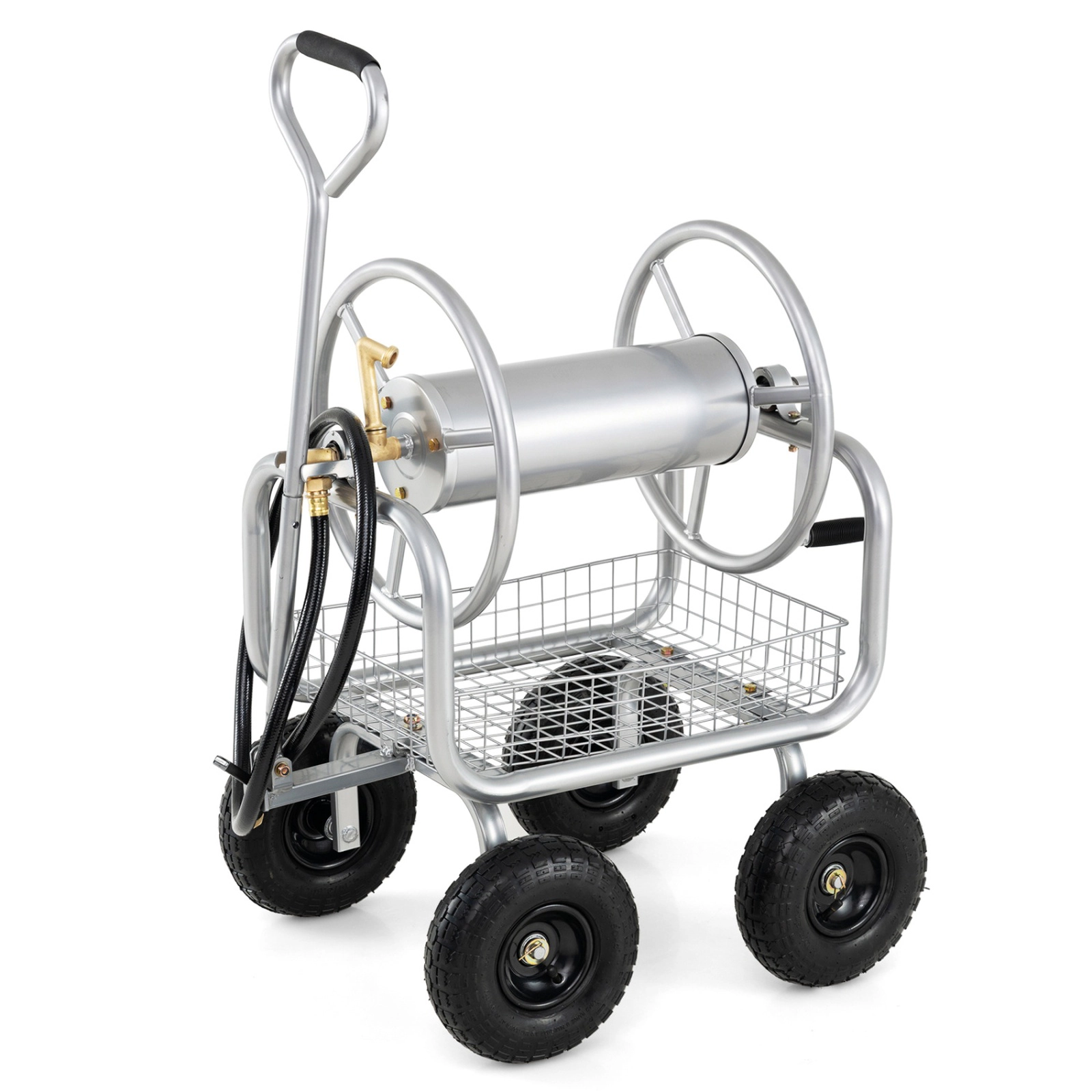 SUGIFT Green Garden Hose Reel Cart with Air-Filled Tires and Storage Basket 25-in W 21.5-in D 43-in H