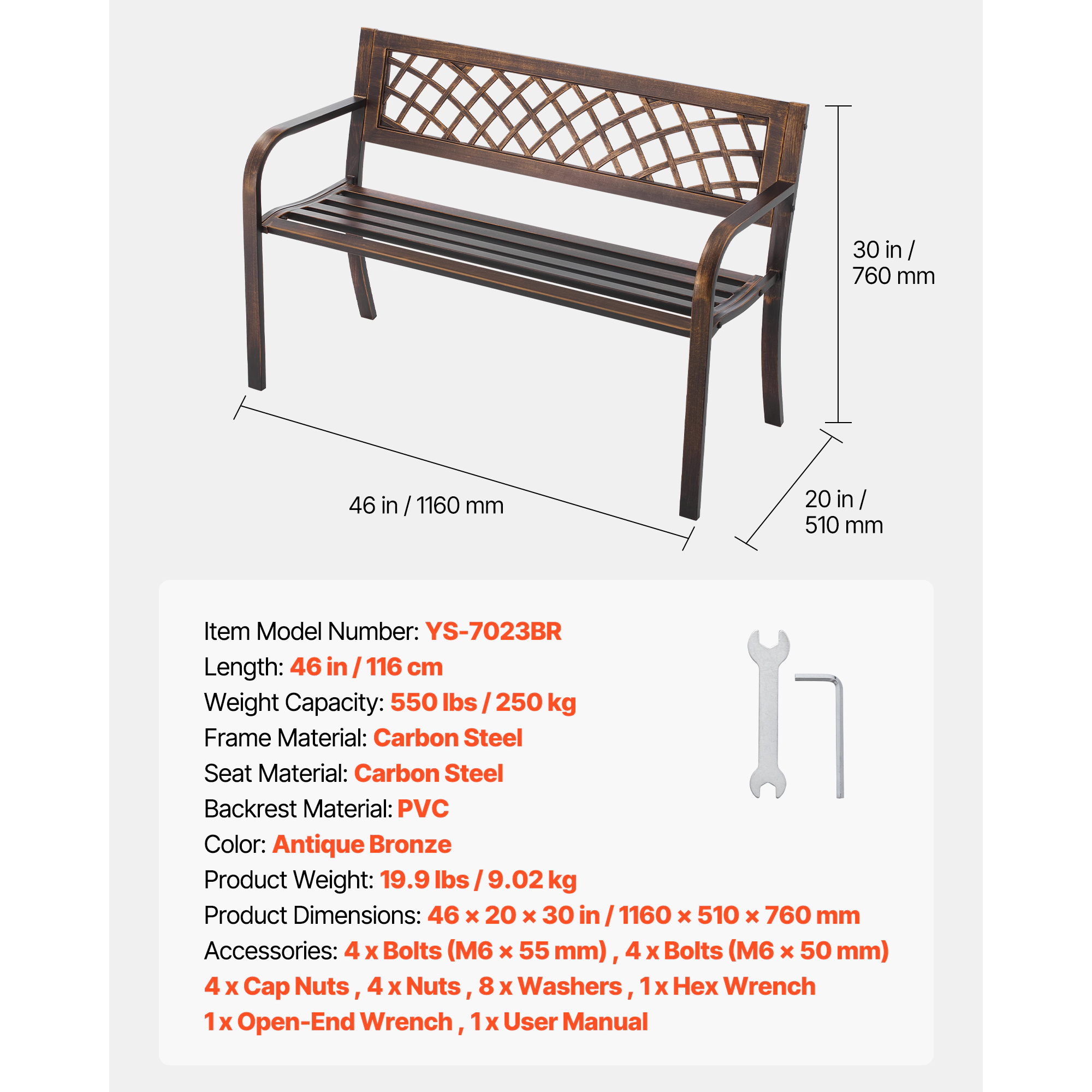 HONGGE Weatherproof Outdoor Bench Frame for Patio, Garden, Park, Yard, or Front Porch