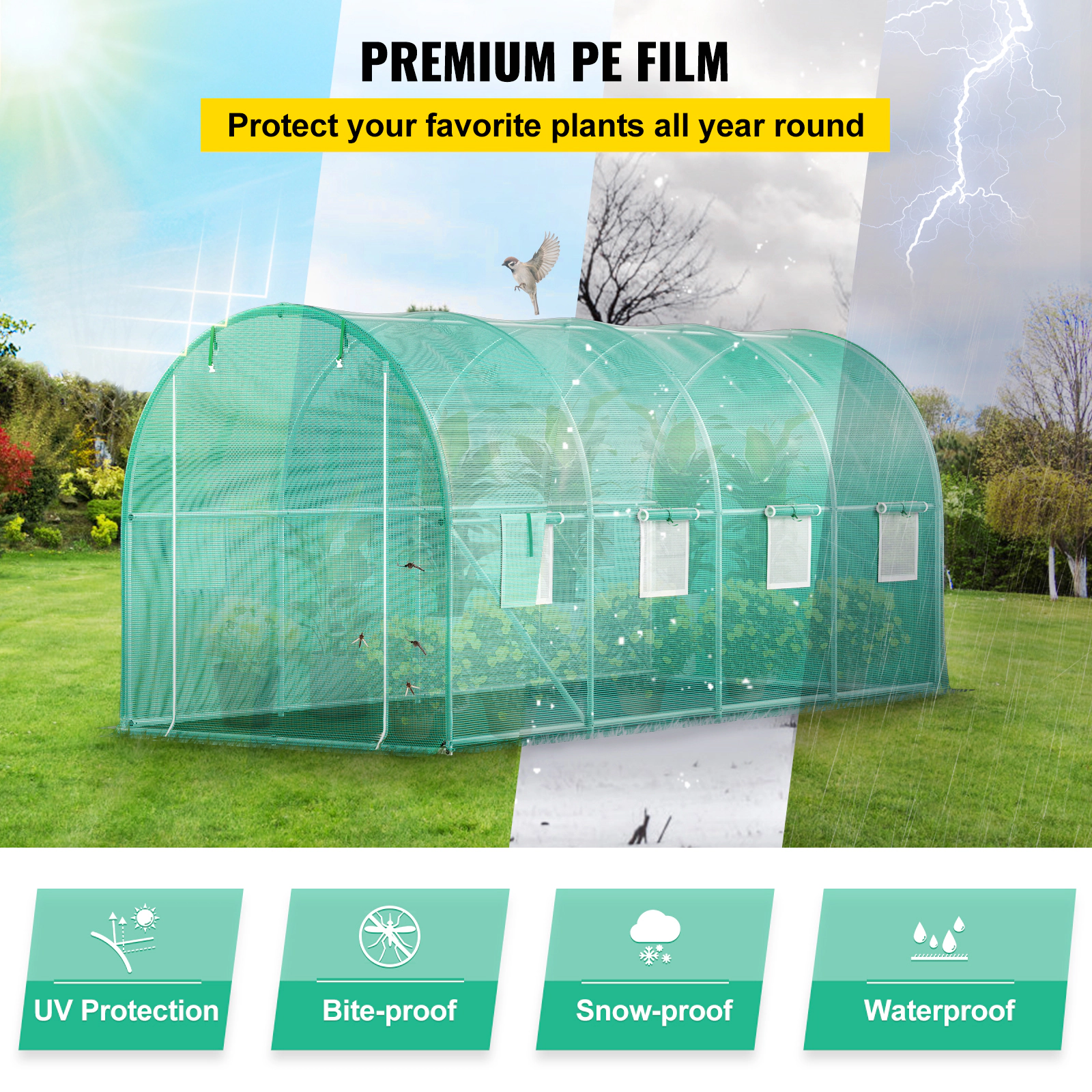 HONGGE Walk-In Tunnel Greenhouse, 15 x 7 x 7 ft, Galvanized Steel Hoop House with 8 Mesh Windows, Green