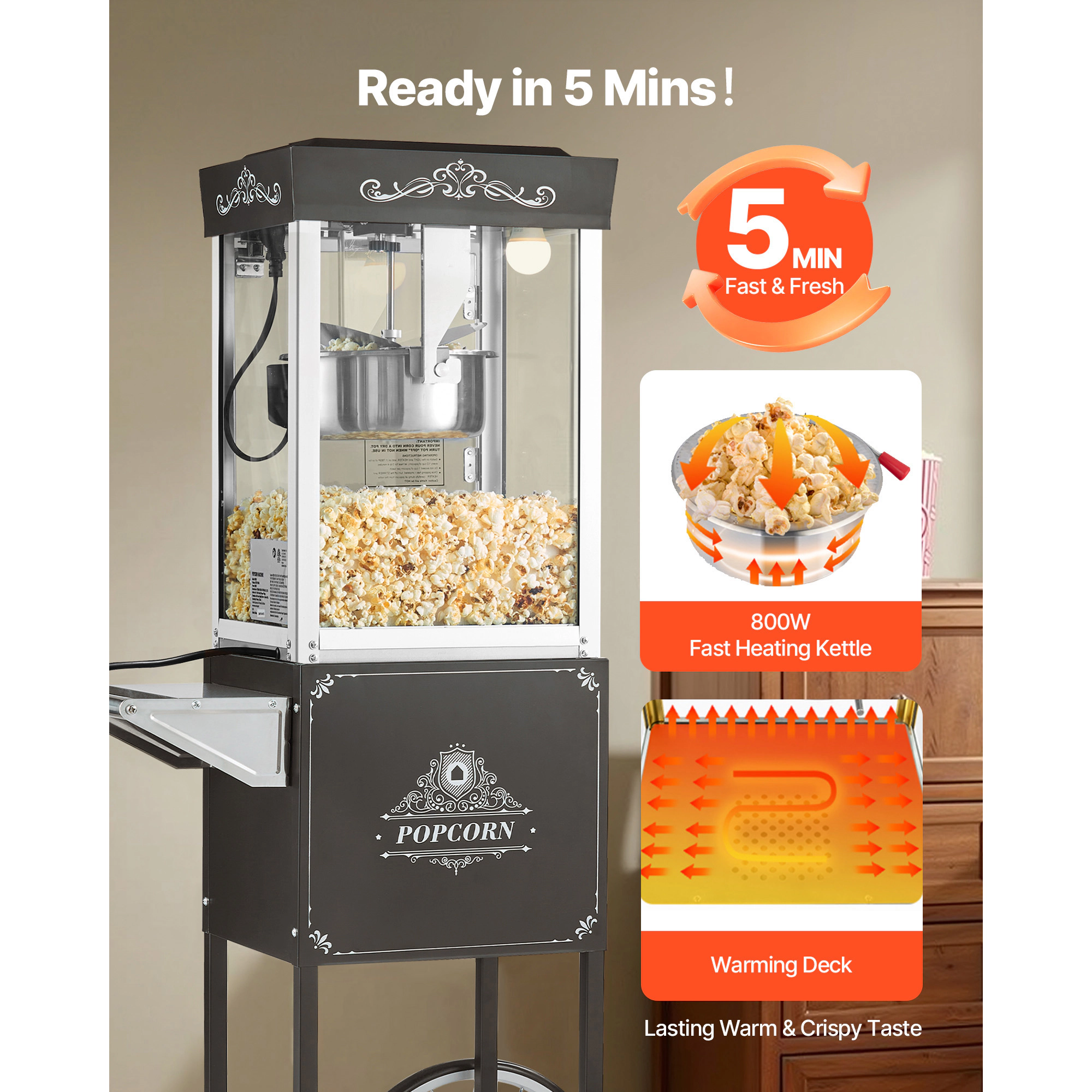 HONGGE Popcorn Machine with Cart 8oz Stainless Steel Kettle 800W Commercial Maker 48 Cups per Batch Theater