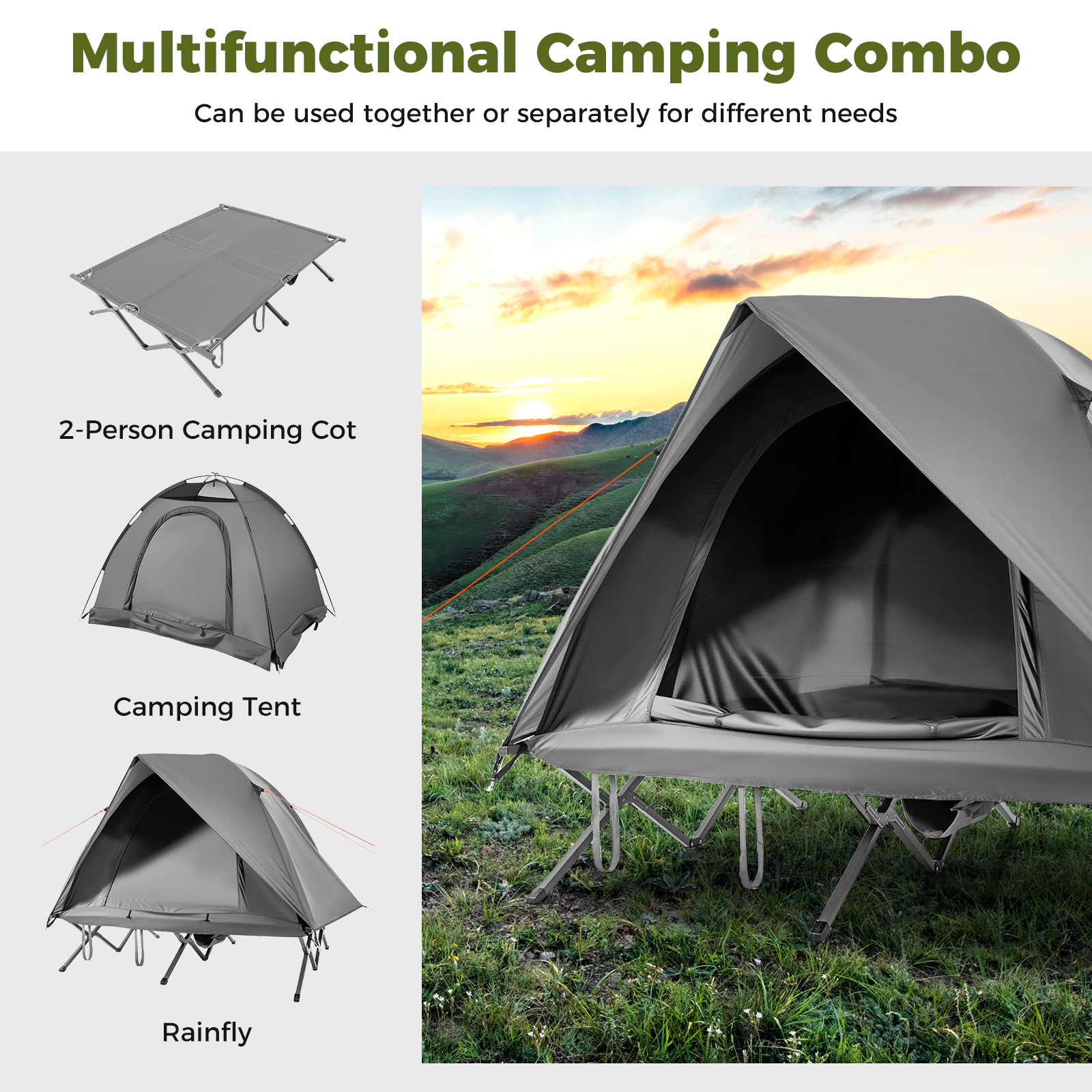 LJG 2-Person Camping Cot Tent Foldable Off-Ground Camping Combo for Adults