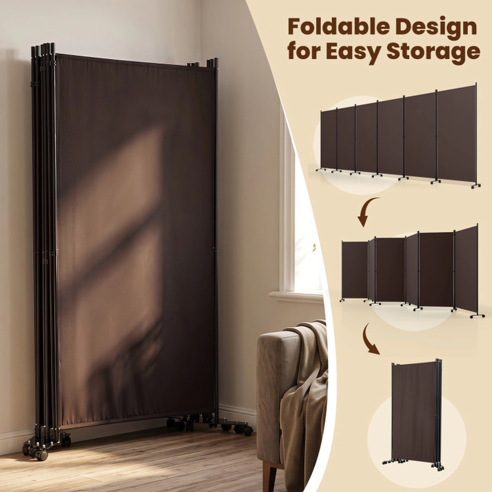 SUGIFT Coffee 6-Panel 71.5-in Tall Folding Room Divider Partition Screen on Wheels with Buckle Hinges