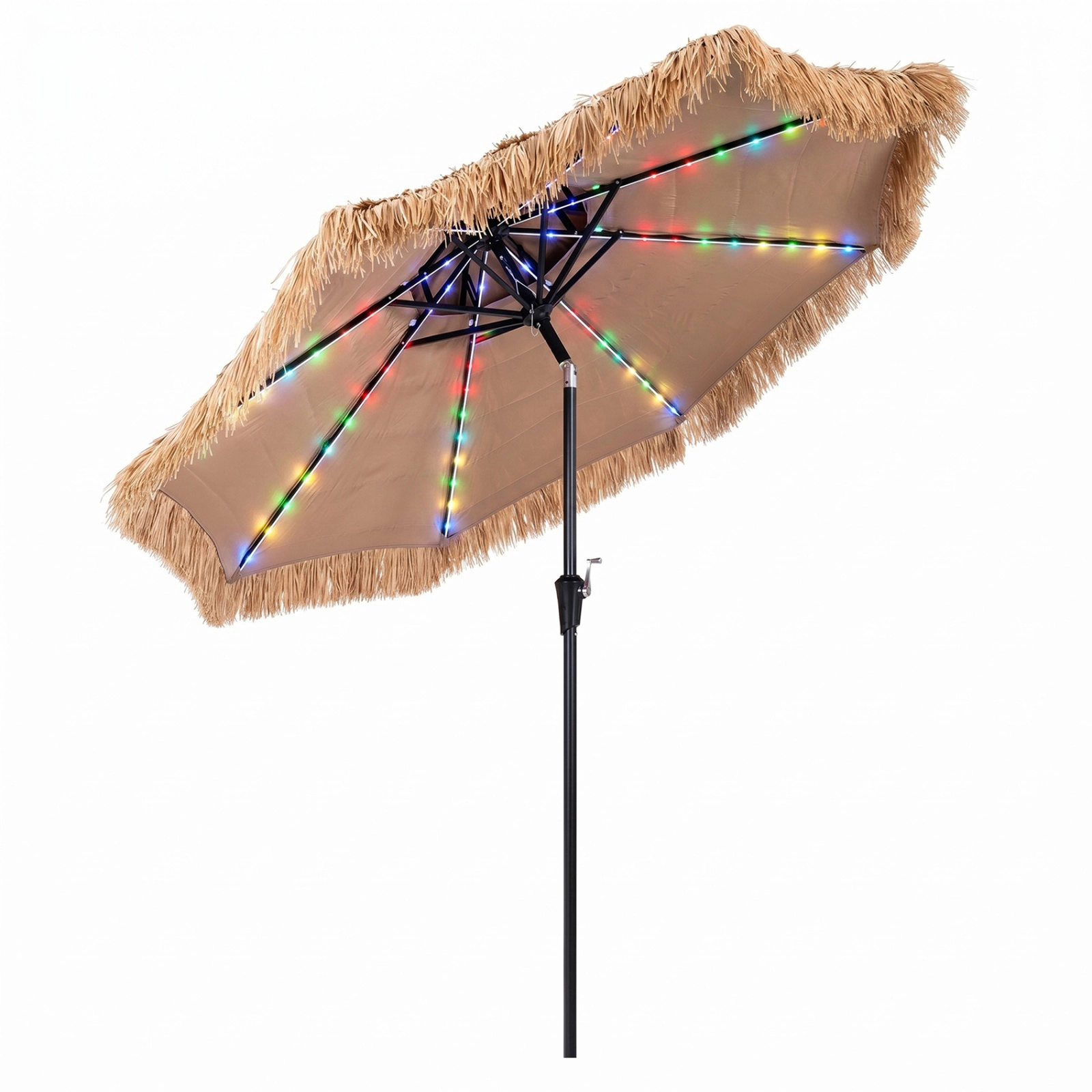 SUGIFT Solar 96-Light Thatched Tiki Patio Umbrella with 12 Lighting Modes 9-ft Canopy Natural and Black