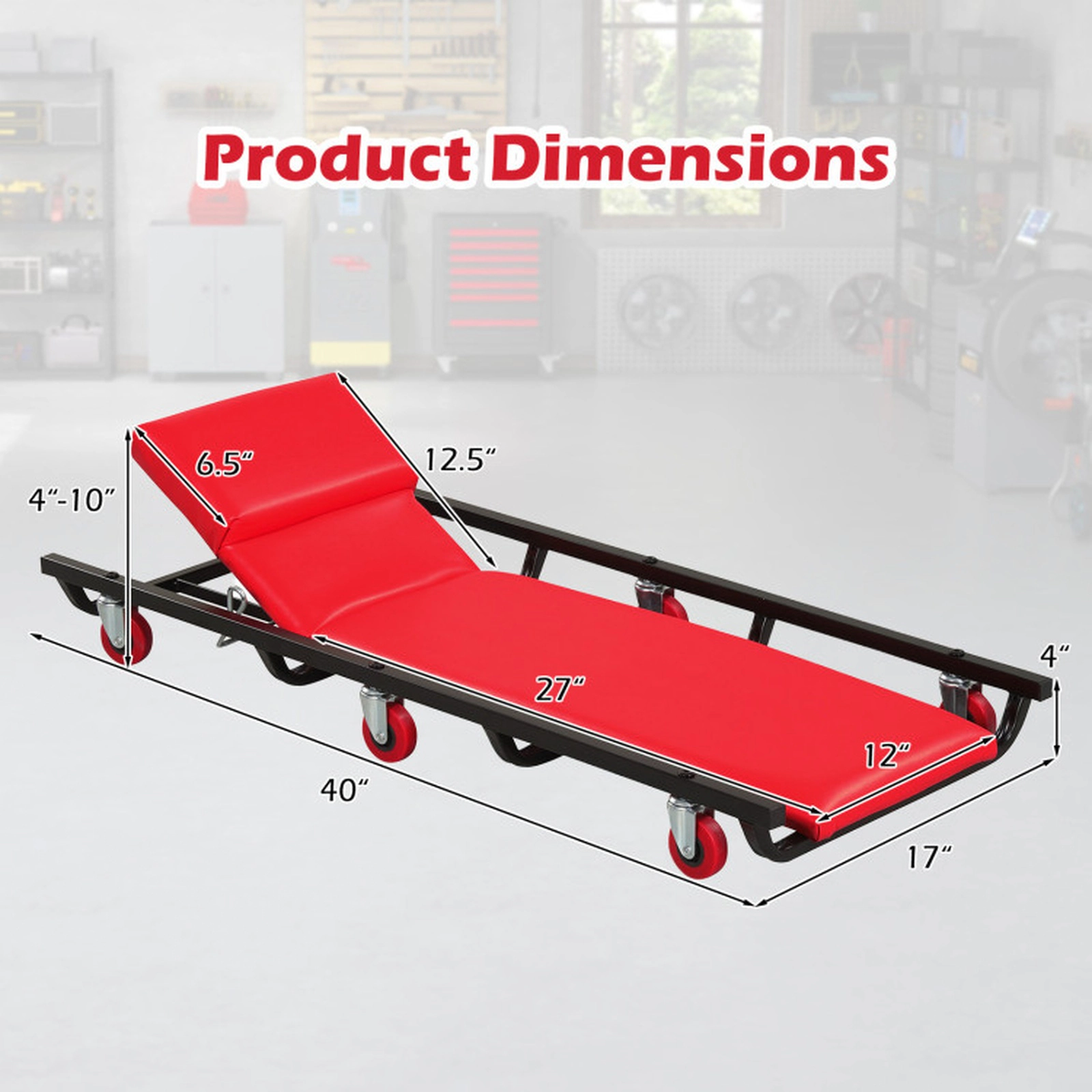 SUGIFT 40-in 250-lb Capacity Low Profile Rolling Creeper with 4-Position Backrest and Padded Headrest