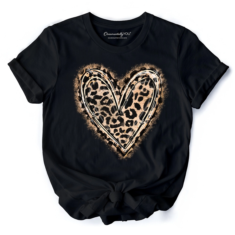 OrnamentallyYou Womens Leopard Heart Valentine Watercolor Love T-Shirt