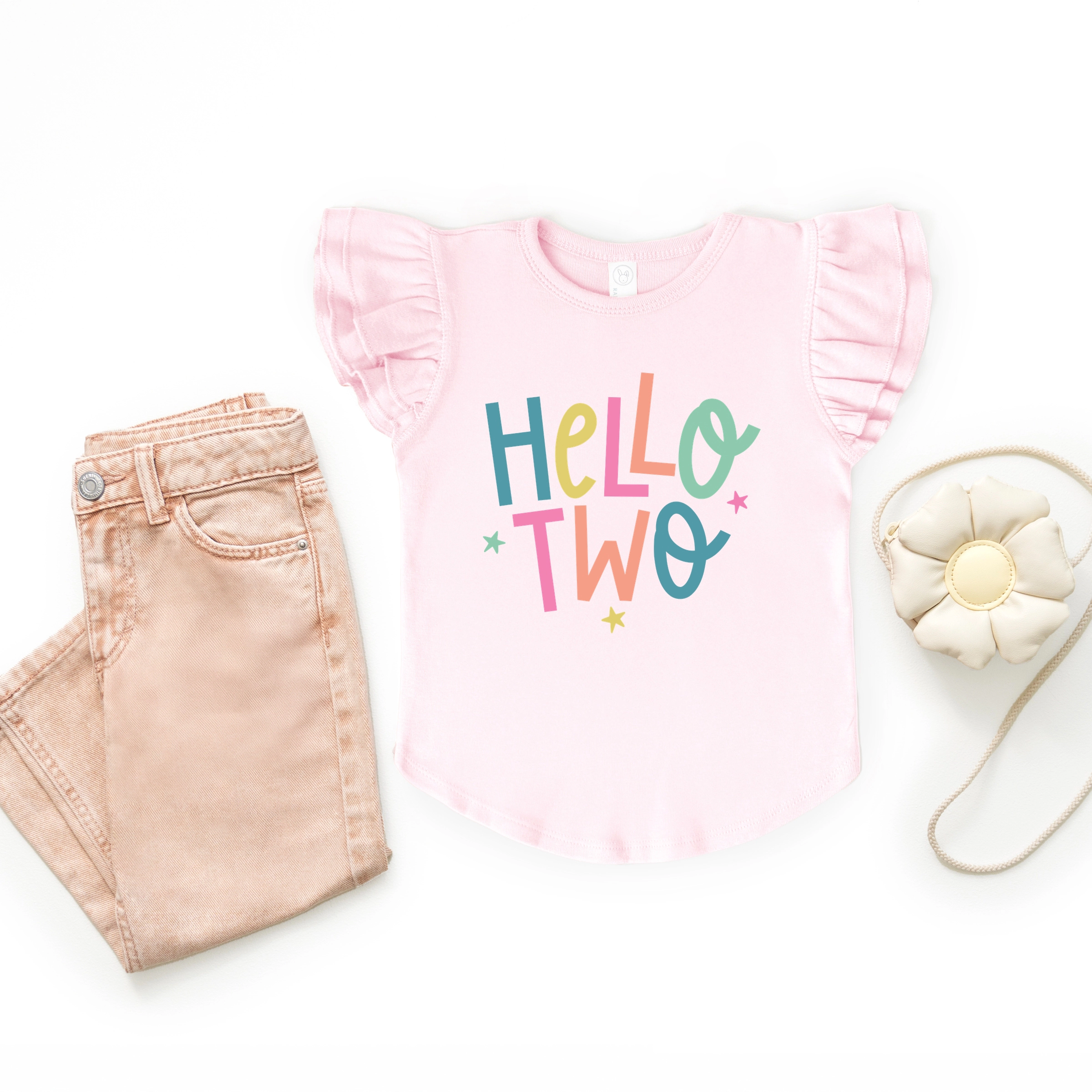 The Juniper Shop - Hello Two Stars Girl's Flutter Sleeve Graphic T-Shirt