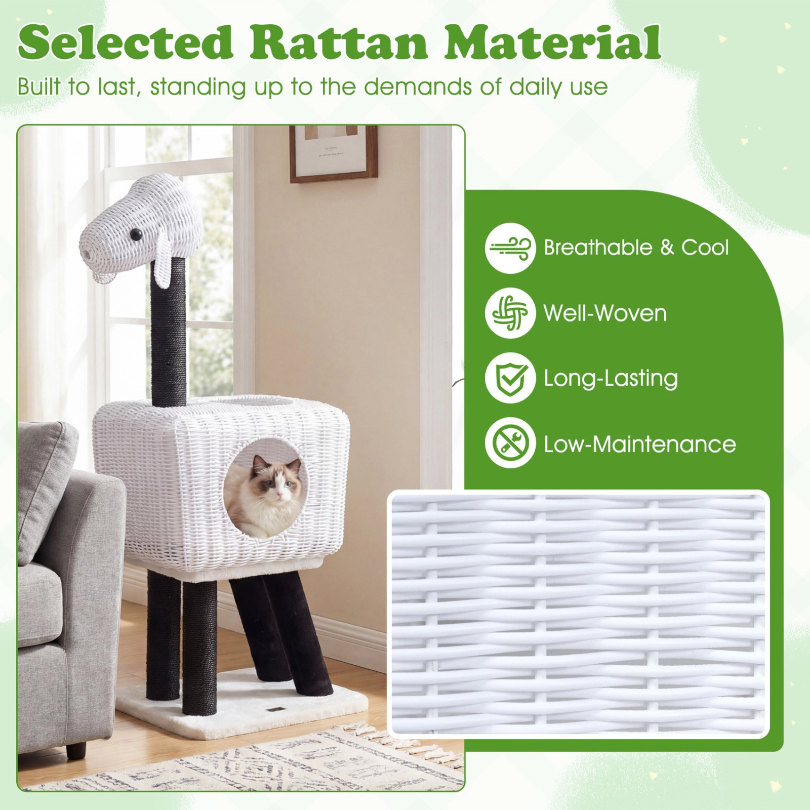 SUGIFT 43-in Lamb-Shaped Cat Tree Tower with 2-Door PE Rattan Condo Sisal Posts and 44-lb Rated Condo