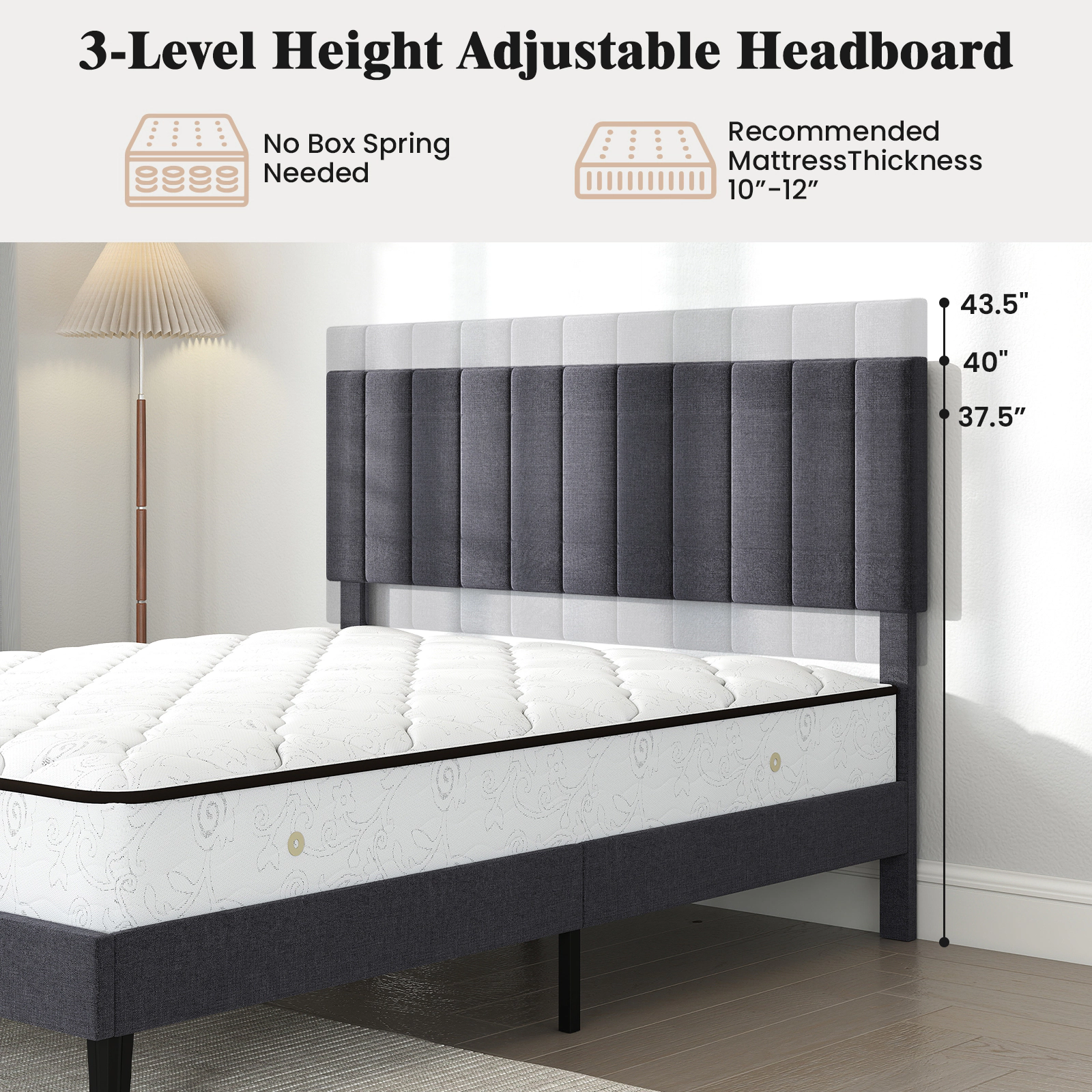 SUGIFT Gray Vertical Channel Headboard Queen Size Velvet Upholstered Platform Bed