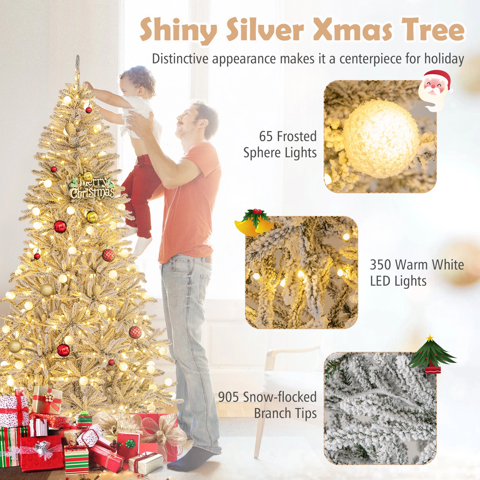 SUGIFT Snow-flocked Pre-lit Hinged Artificial Christmas Tree with 81 Sphere Lights 7 Feet Green & White