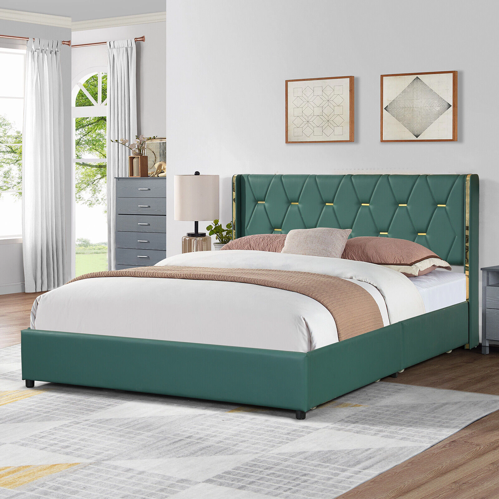 LJG Full/Queen Size Upholstered Bed Frame with 4 Drawers-Green-Full Size