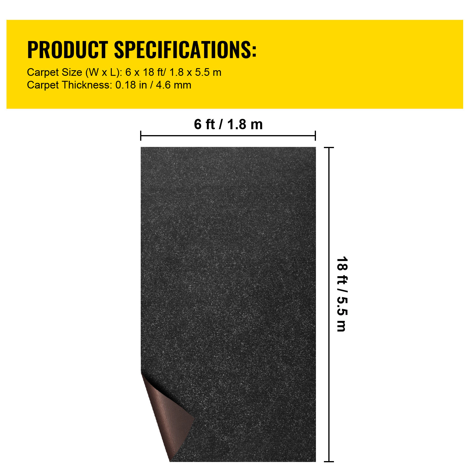 HONGGE Boat Carpet 6 ft Marine Carpet for Boats Waterproof Black Indoor Outdoor Carpet with Marine Backing Anti-Slide