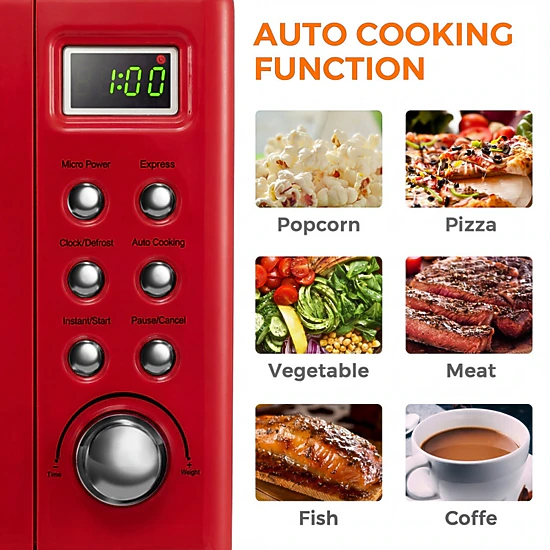 SUGIFT Red Retro Countertop Microwave Oven with LED Display and 6 Cooking Buttons 0.7-Cu-Ft 700W 18-in W 14-in D