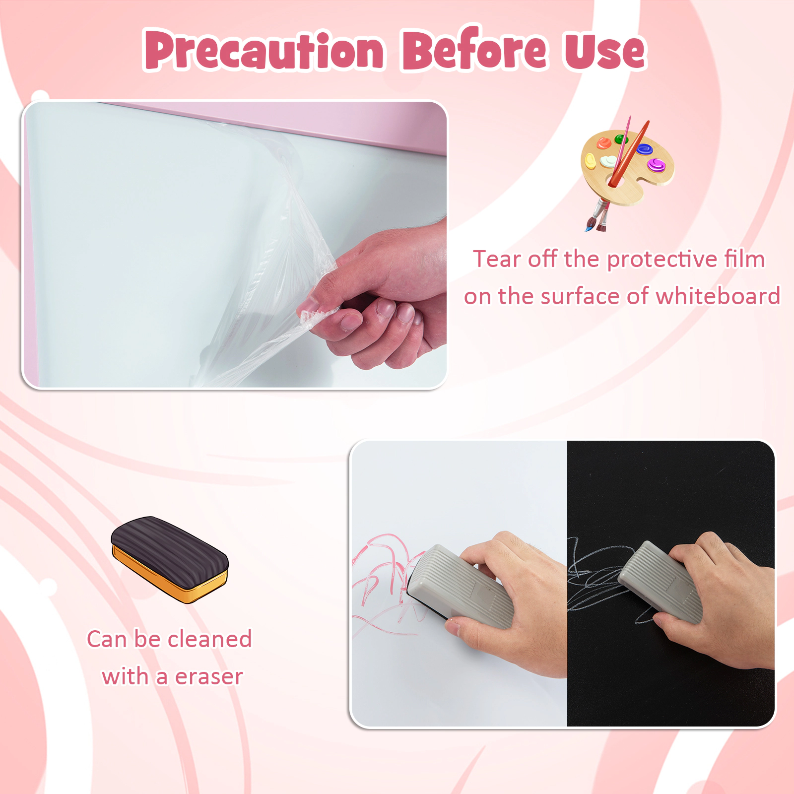 3-in-1 Kids Art Easel Dry Erase Whiteboard Chalkboard Paper Roll Surfaces Magnetic Beads 46-in Standing Height Pink