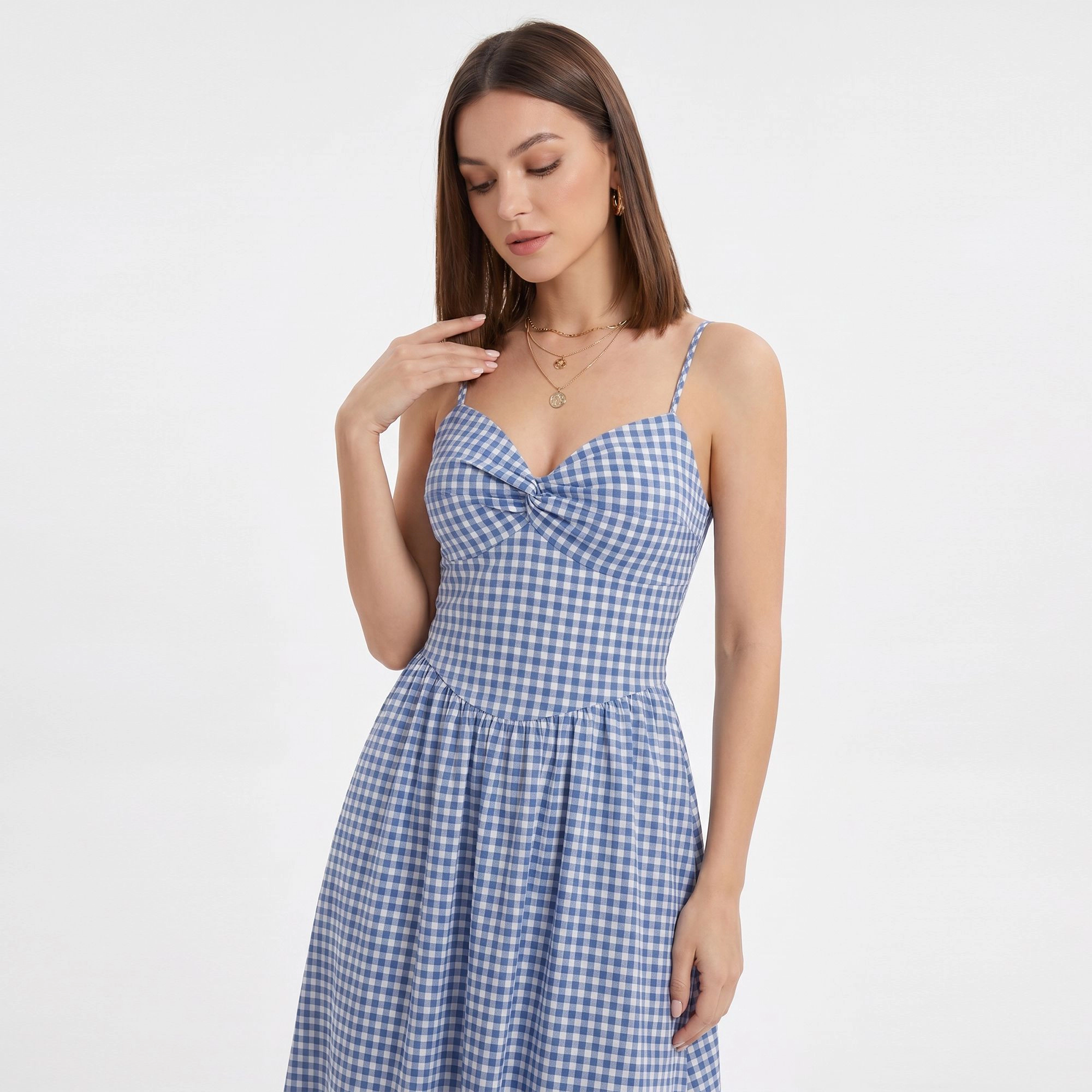 Anna-Kaci Women's Gingham Twist Front Bodice Spaghetti Straps Midi Dress