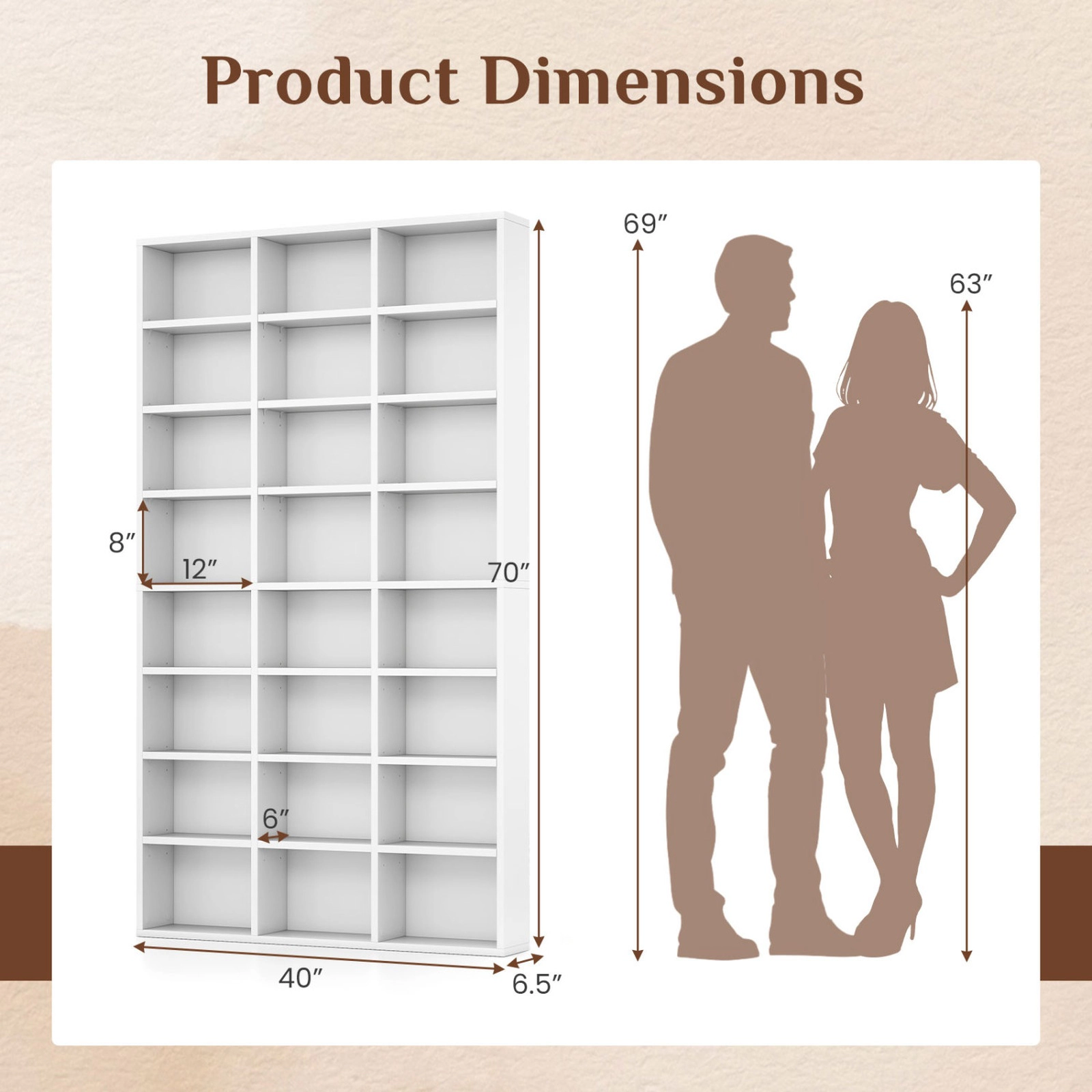 SUGIFT 70-in Tall 24-Cube Bookshelf Storage Organizer 11-lb Cube Capacity 44-lb Top Shelf Capacity White