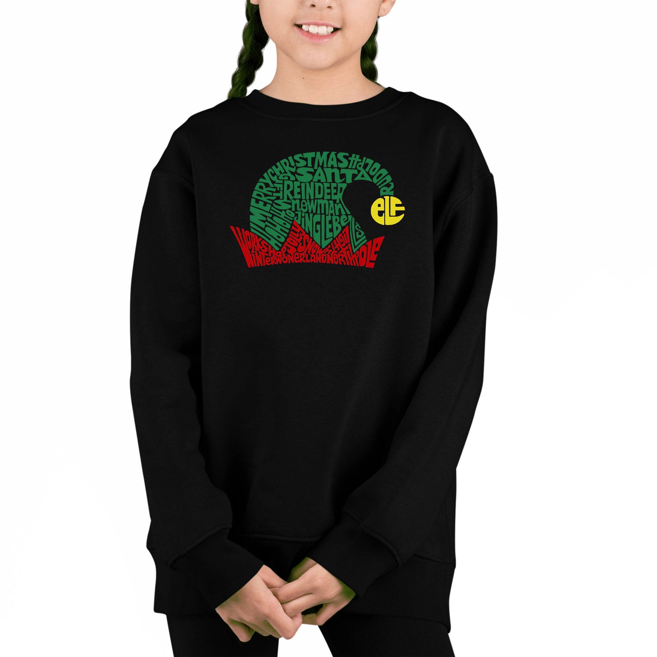 LA Pop Art Girl's Word Sweatshirt - Christmas Elf Hat