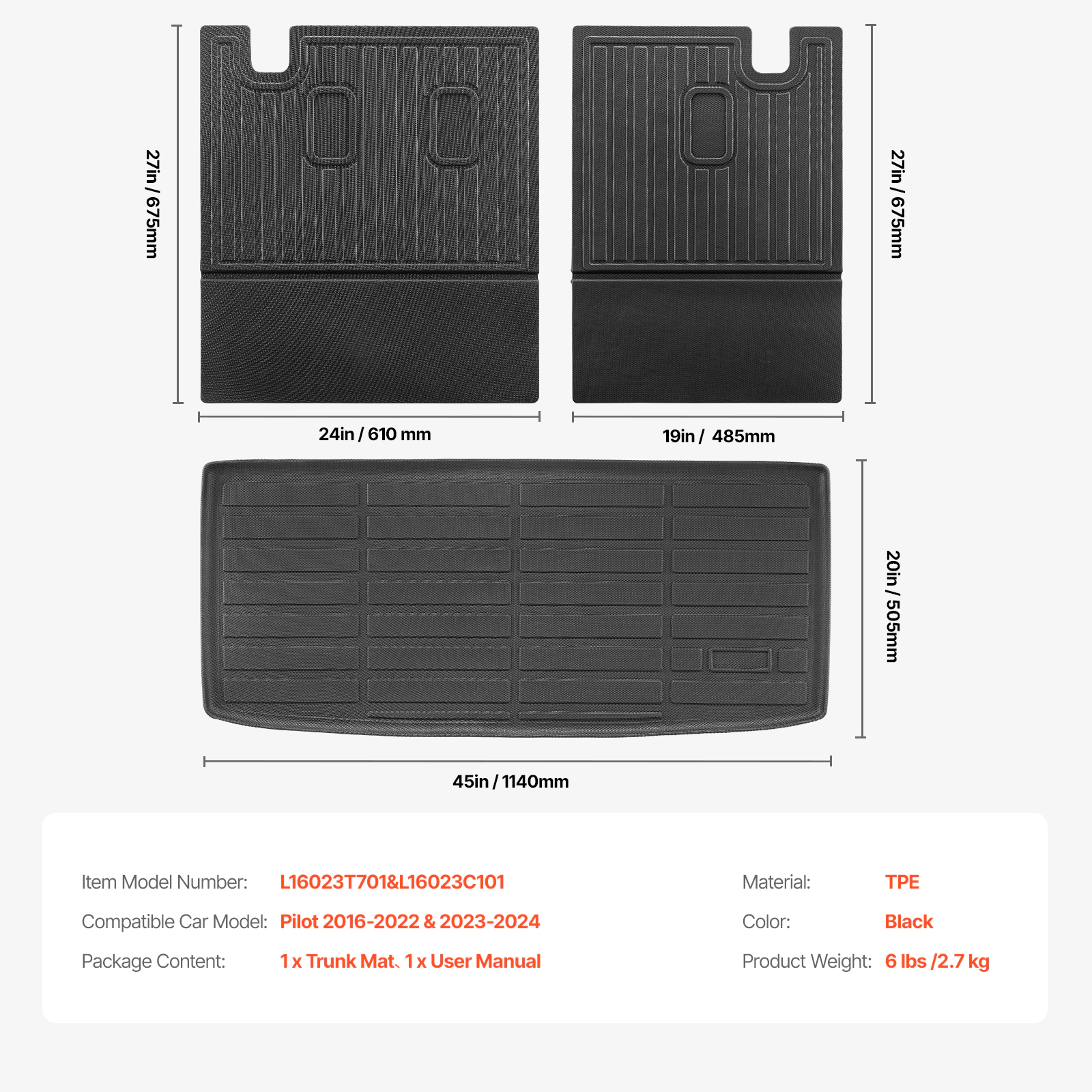 HONGGE Custom Fit TPE Cargo Mat for Honda Pilot 2016-2022 & 2023-2024, Trunk Liner with Backrest Mats, Black