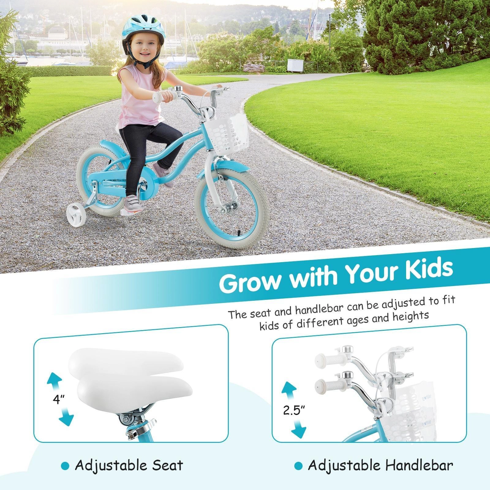 SUGIFT 14-in Toddler Kids Bike with Basket Training Wheels and Dual Brakes for Ages 3-5 99-lb Seat Capacity Blue