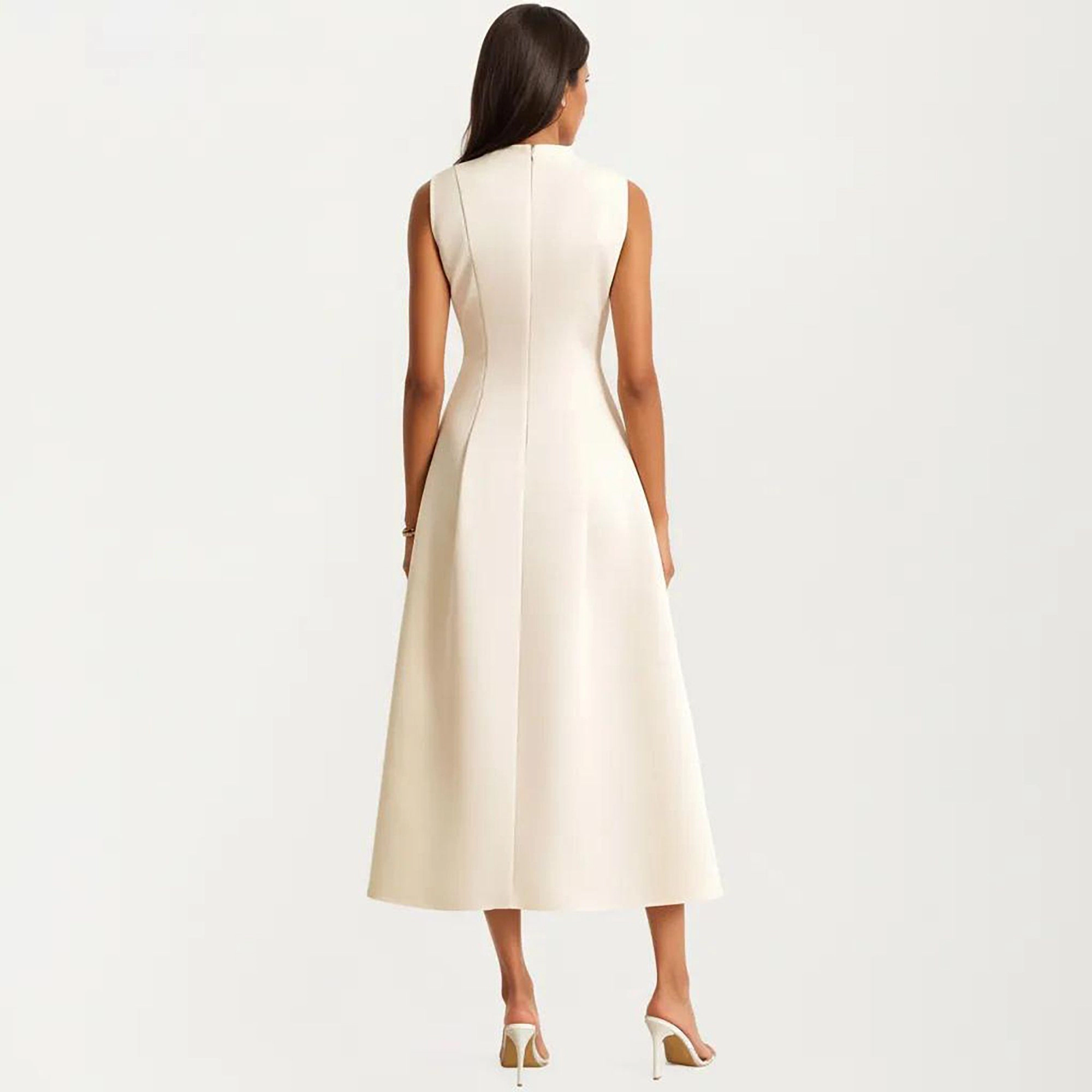 Anna-Kaci Women's Sleeveless Tailored Seaming Flared Skirt Midi Dress