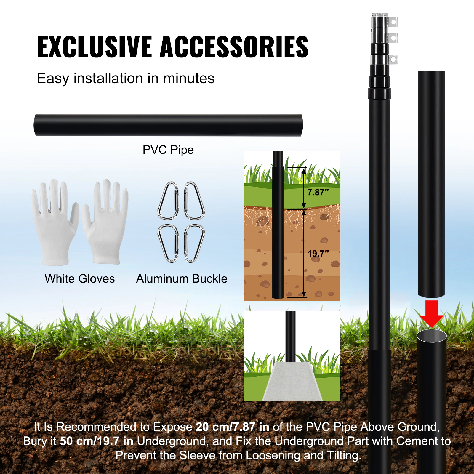 HONGGE Telescoping Flag pole Kit Heavy Duty Aluminum Alloy in Ground Flag Poles for Outside 3 Display Modes Flagpole