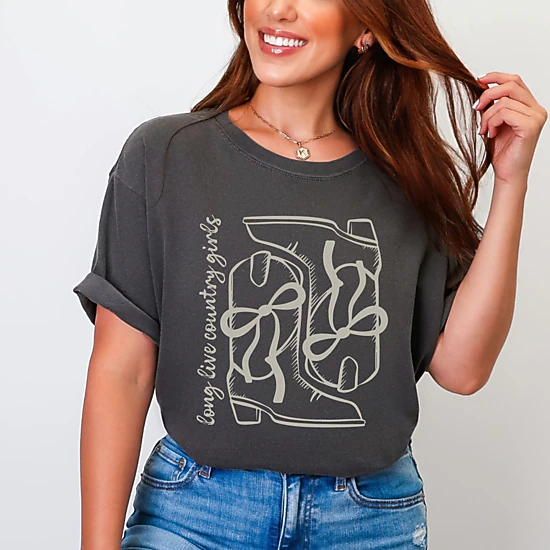 Simply Sage Market - Women's Garment Dyed Graphic T-Shirt - Long Live Country Girls Boots