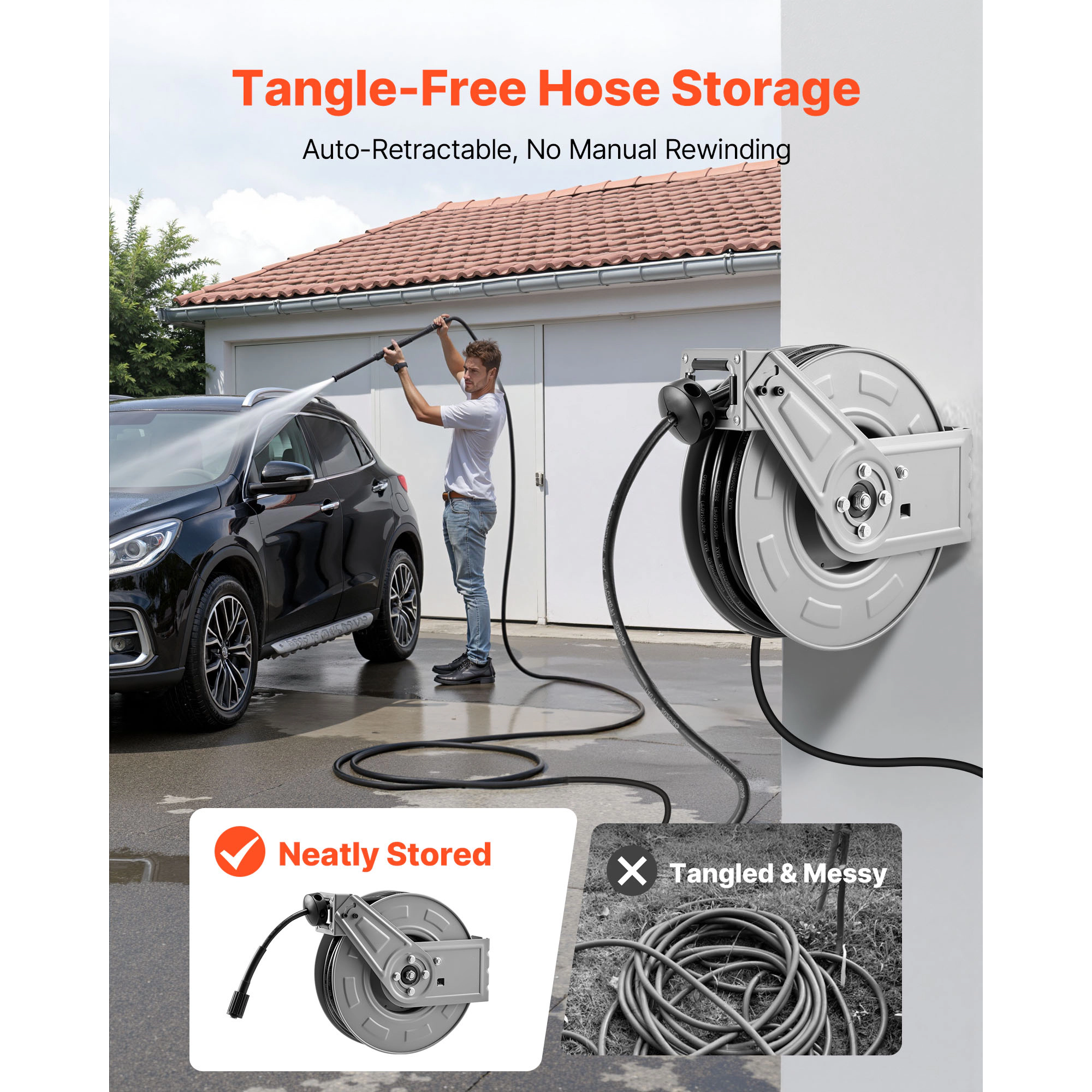 HONGGE Pressure Washer Hose Reel Retractable Power Heavy-Duty Steel Washer Hose Reel 4000PSI Max Auto-Rewinding