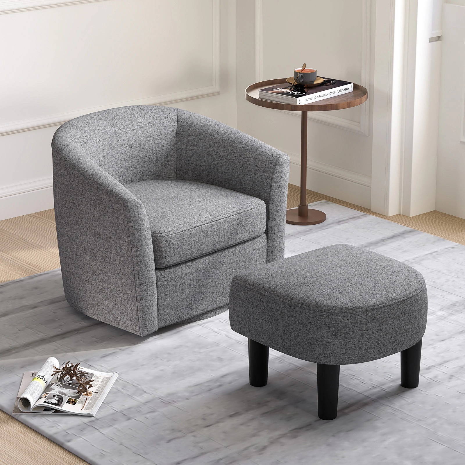 LJG Modern Club Swivel Accent Chair with Ottoman Footrest Curved Backrest