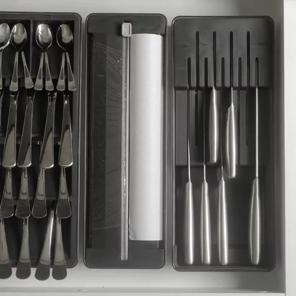 OU In-Drawer Silverware & Utensil Organizer Set- Knife Holder, Roll Dispenser for Foil Wrap Cutlery Tray Drawer Insert