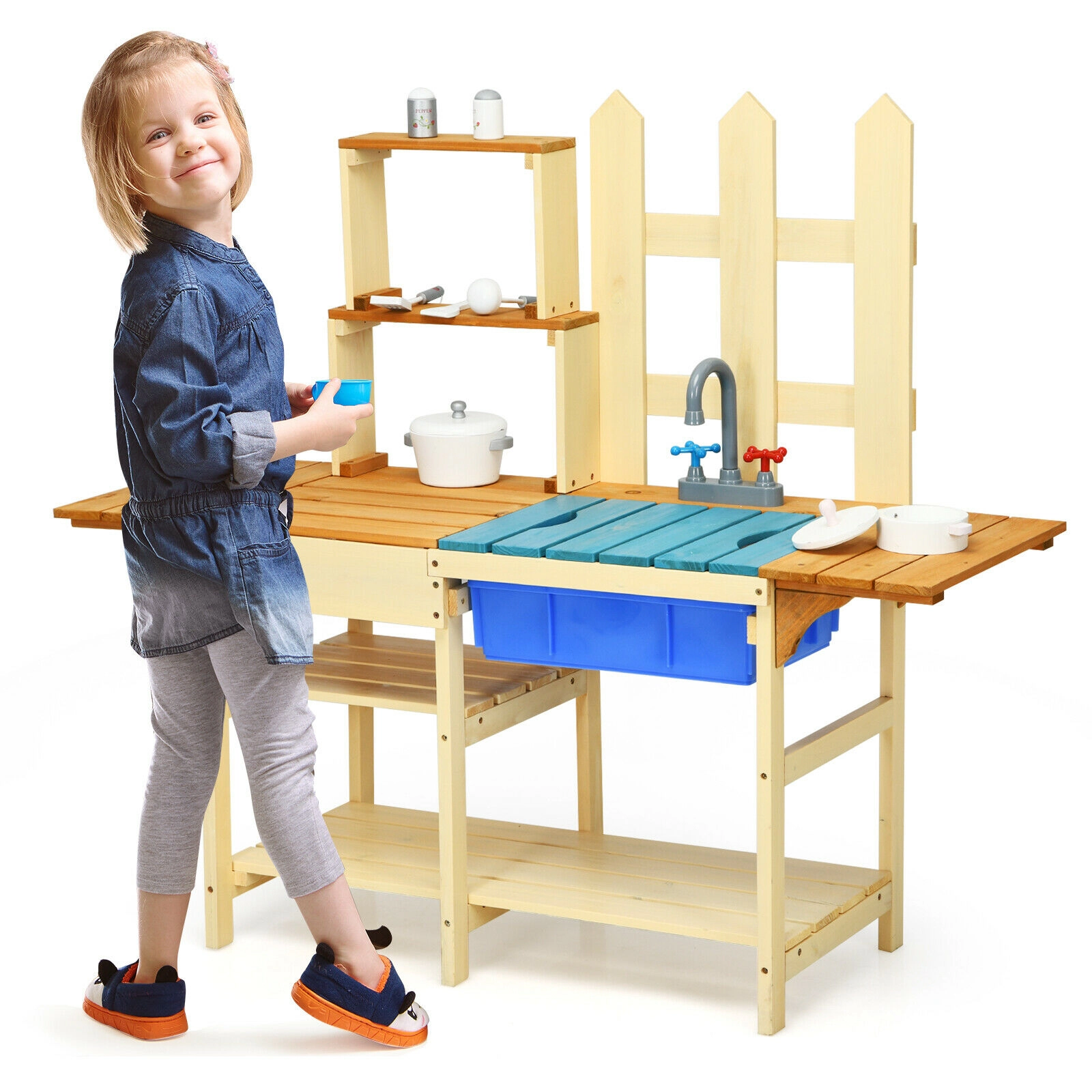 SUGIFT Outdoor Fir Wood Pretend Cook Kitchen Playset with Sink and Faucet 39.5-in Tall Ages 3+ As shown in the figure