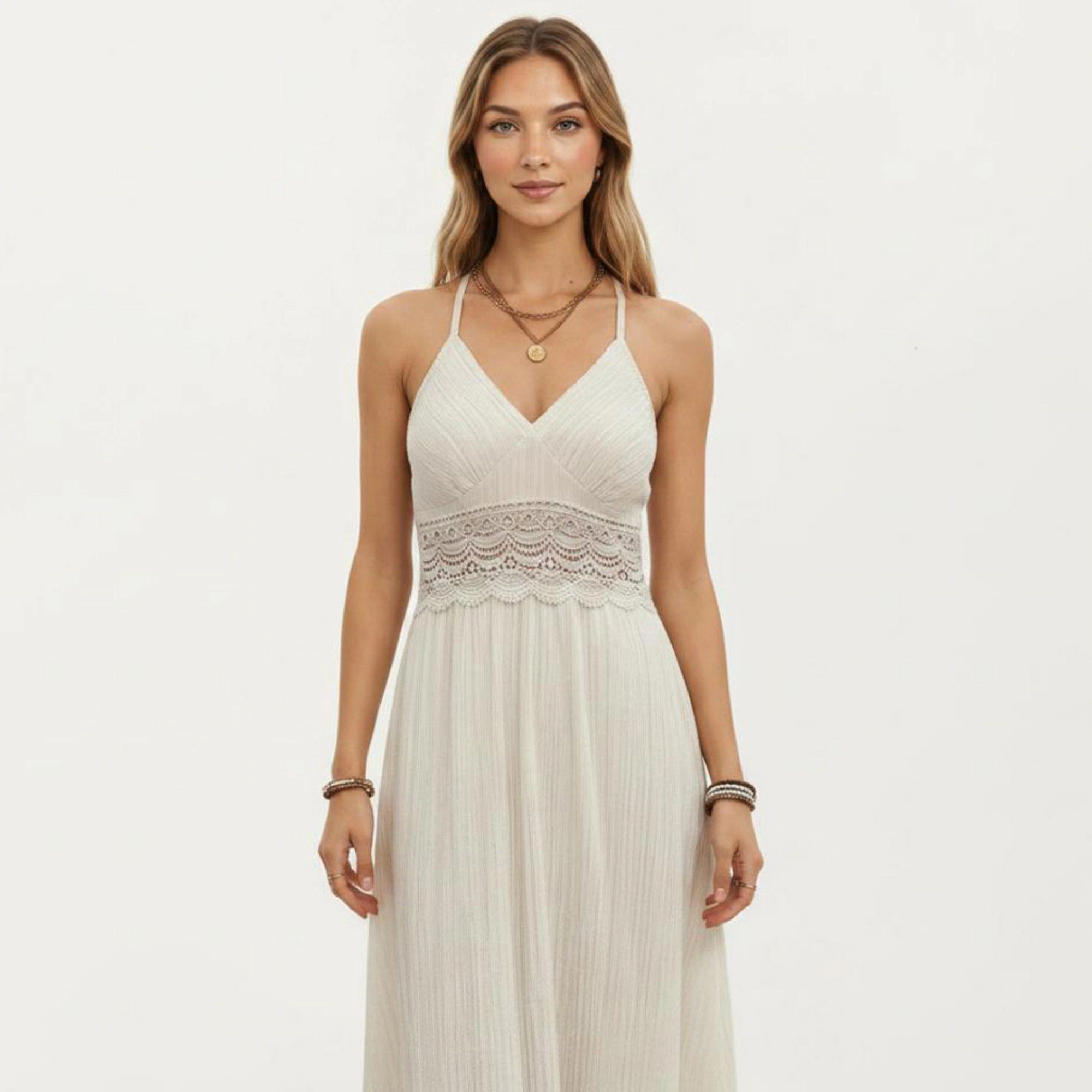 Anna-Kaci Women's Boho Crochet Lace Inset Keyhole Back Maxi Dress