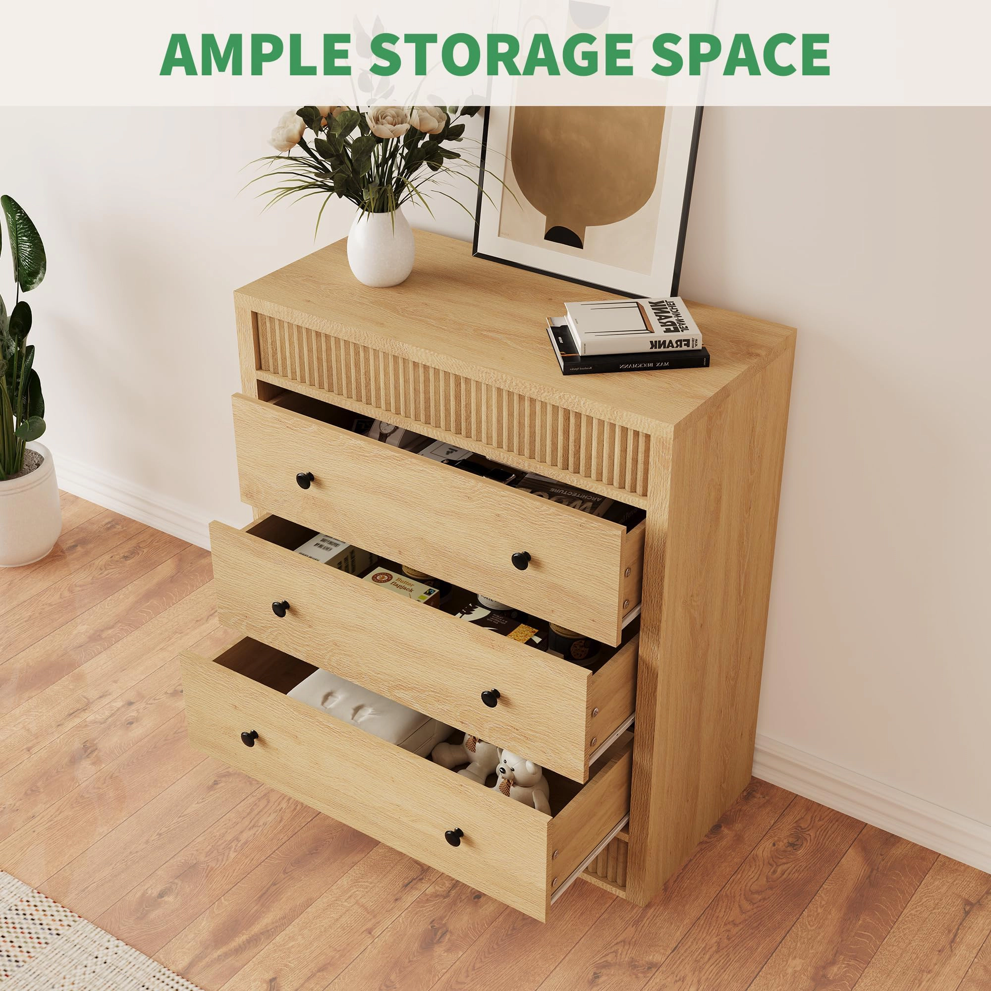 Fluted 3 Drawer Wooden Dresser, 31.5" Wide Modern Nightstand Storage Cabinet for Bedroom