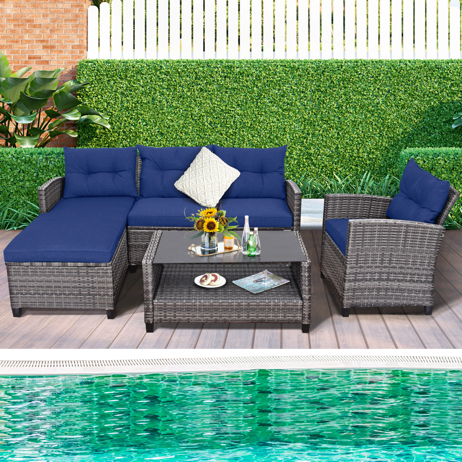 LJG 4 Pieces Patio Rattan Furniture Set with Cushion and Table Shelf