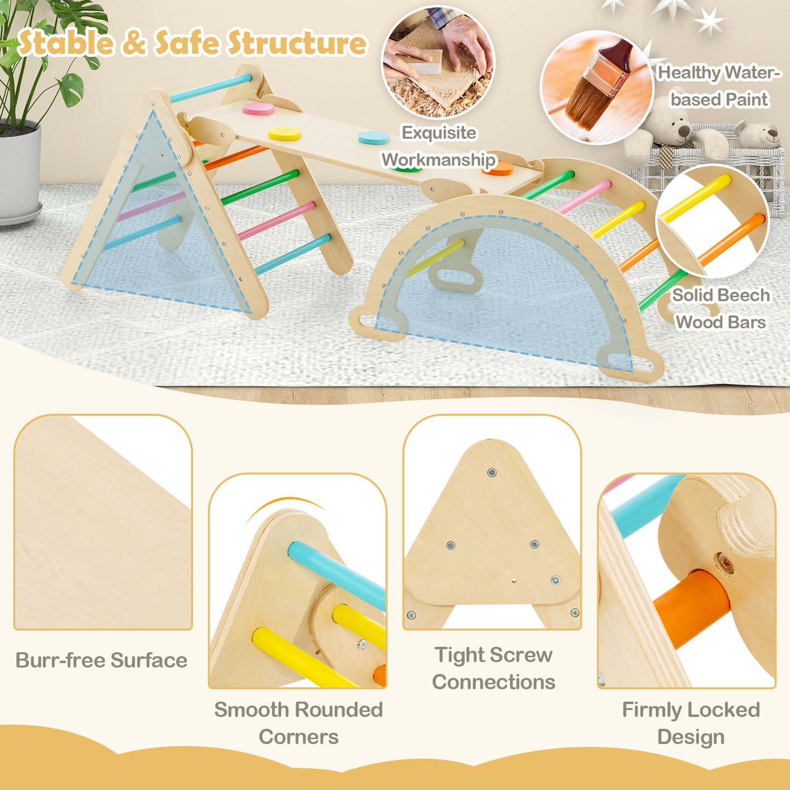 LJG 5-in-1 Wooden Kids Climber Toys with Triangle Arch Ramp