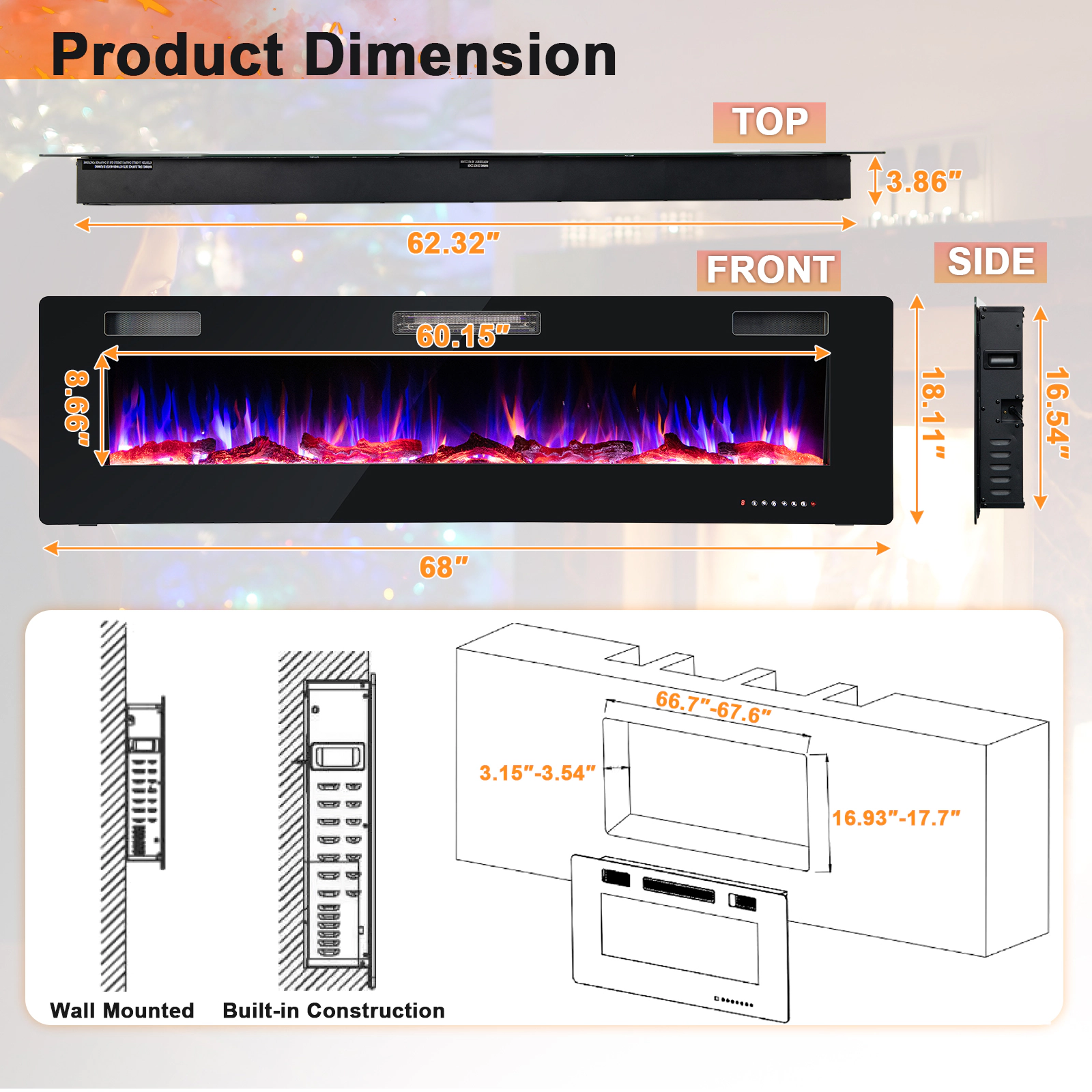SlickBlue 68 Inch Recessed Electric Fireplace with Crystals, Logs, Timer and Remote