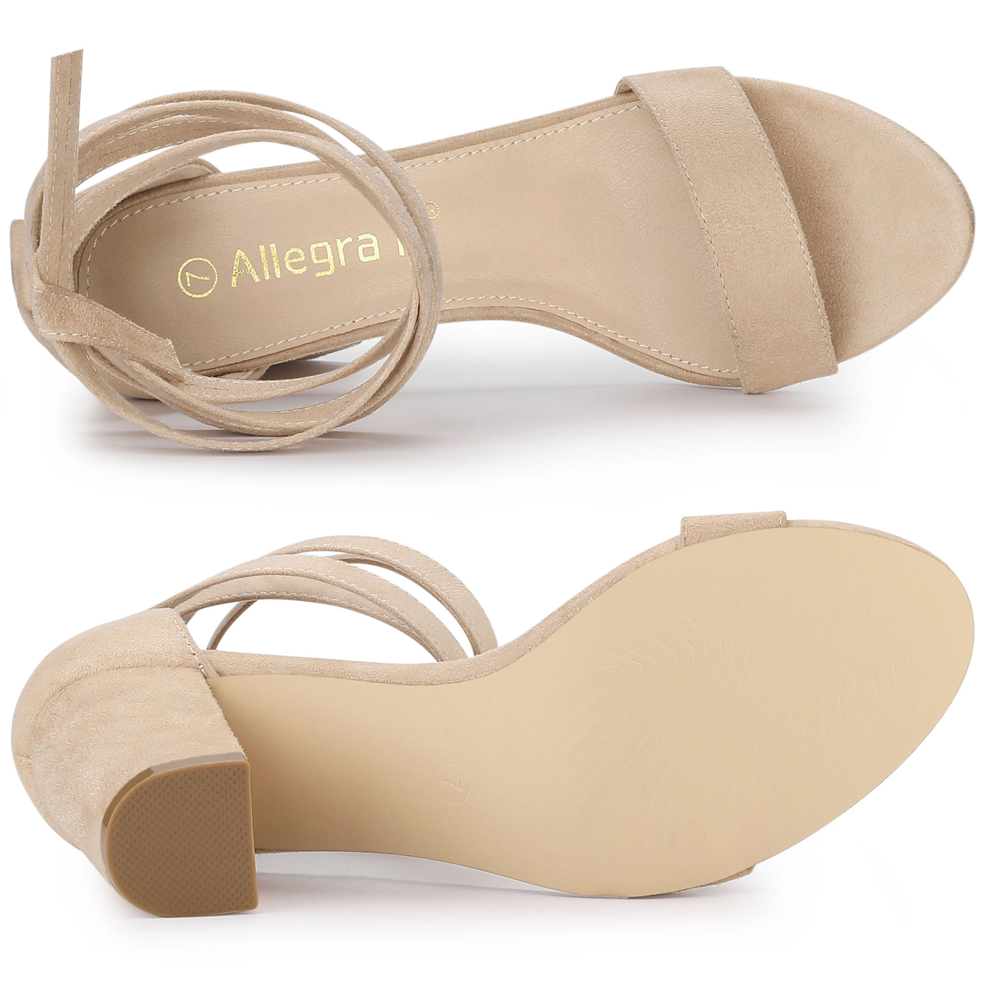 BLISSFUL STEP Women's Faux Suede Lace Up and Ankle Strap Chunky Heel Sandals